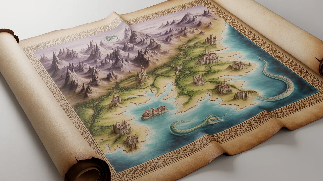 A detailed, hand-drawn medieval fantasy map on aged parchment, showing mountains, forests, castles, and a sea serpent, isolated against a white background.