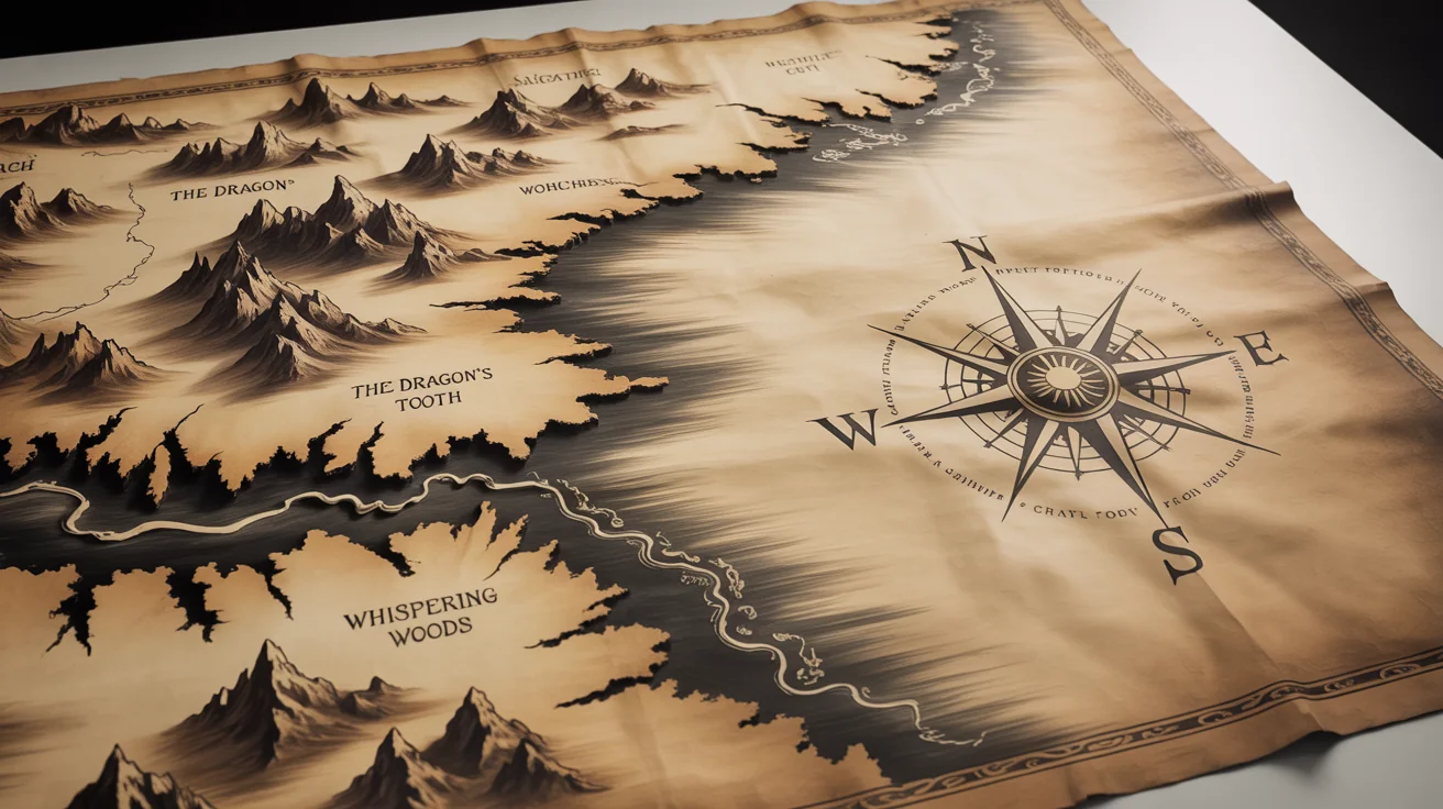 A top-down view of a fantasy medieval-style map on aged parchment. The map shows mountains, forests, and a sea serpent, with calligraphic labels, all set against a clean white background.