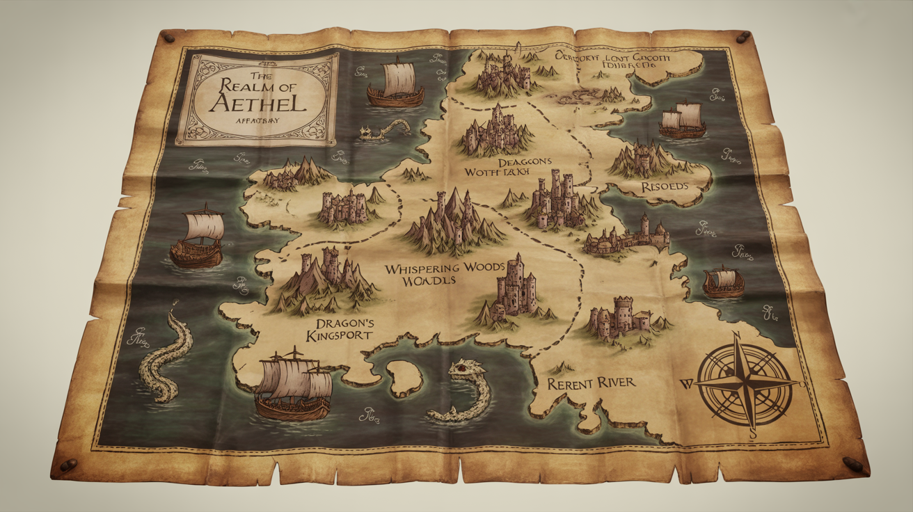 A detailed medieval fantasy map of the fictional 'Realm of Aethel,' drawn on aged parchment with frayed edges and set against a plain white background. The map shows mountains, forests, rivers, and a sea serpent.