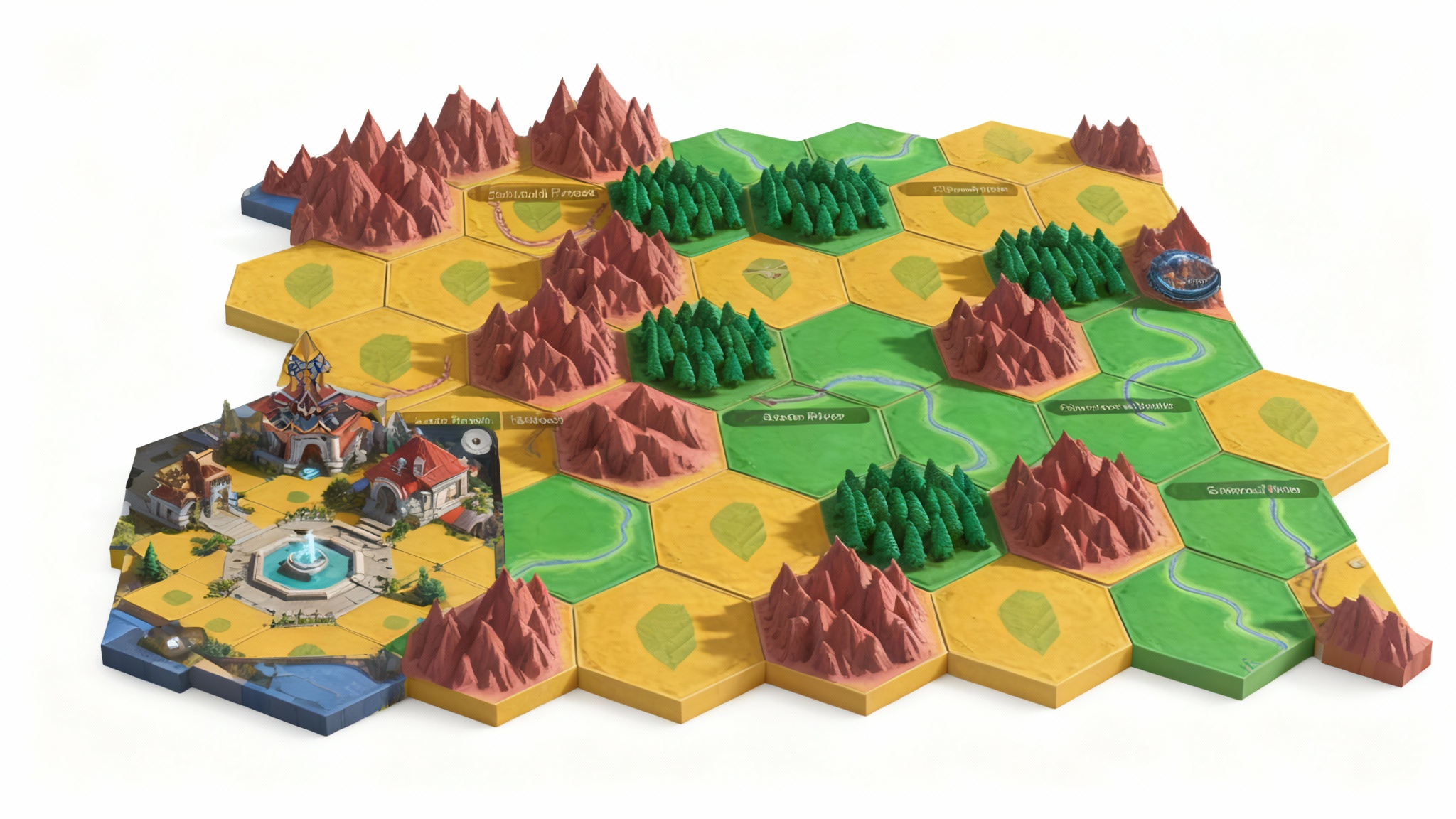 A professionally designed fantasy hex map showing the final output from a map creator, featuring mountains, forests, rivers, and a settlement named 'Hexhaven' on a hexagonal grid.
