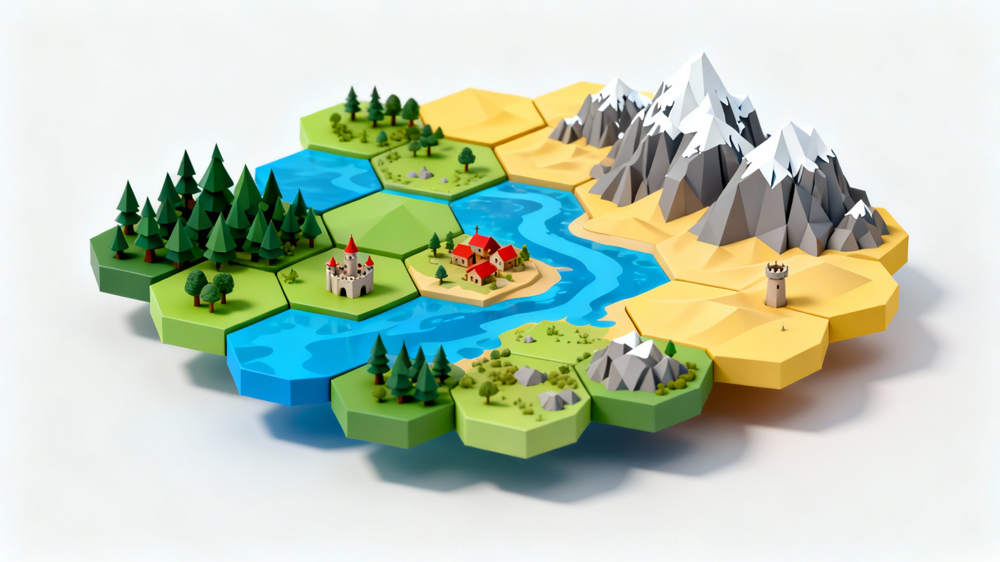 A stylized 3D hex map of a fantasy world, featuring hexagonal tiles for forests, mountains, deserts, and water, displayed against a white background.