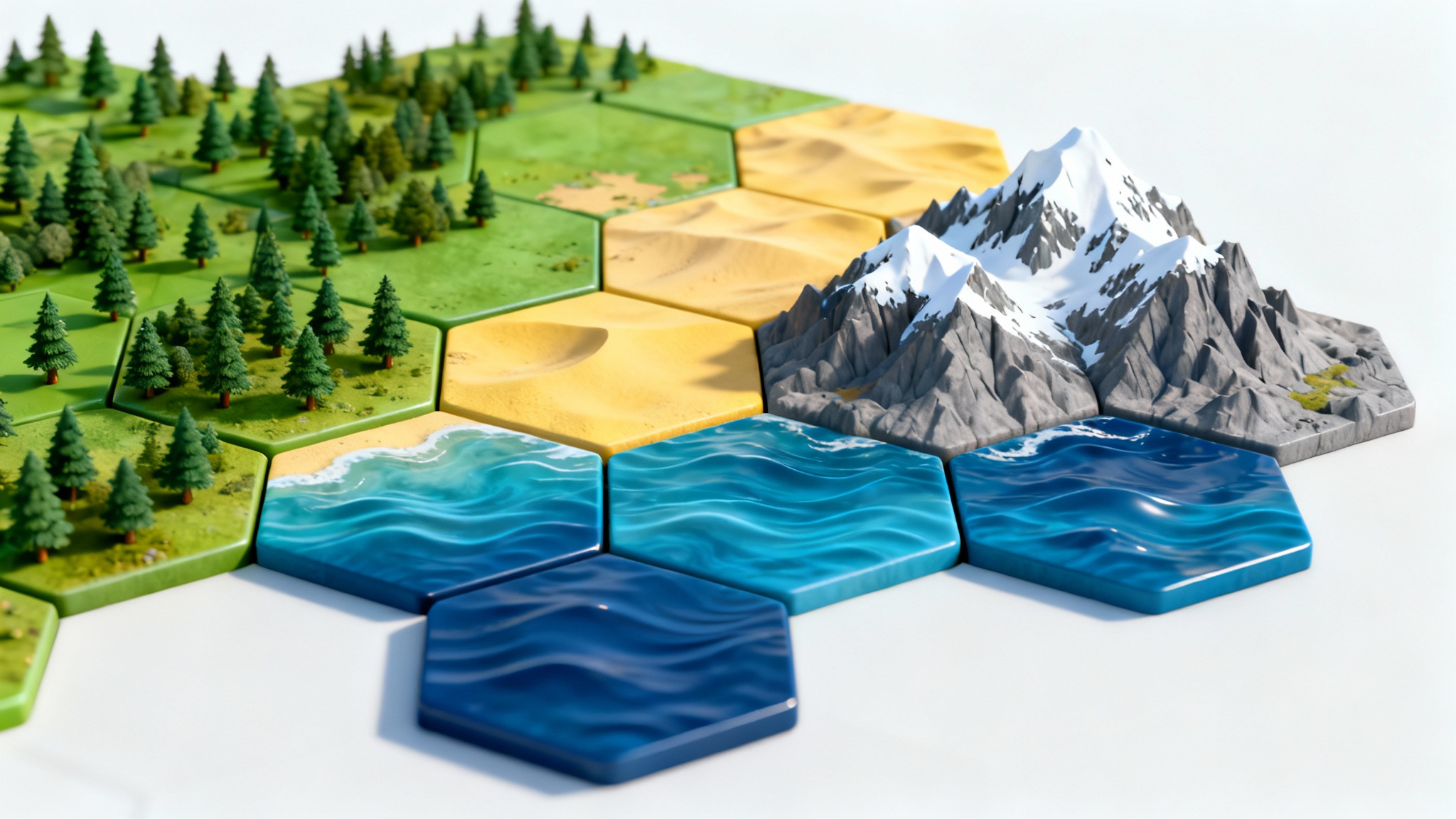 An isometric view of a colorful hex map showing different terrains like forests, deserts, and mountains, presented as a clean mockup on a white background.