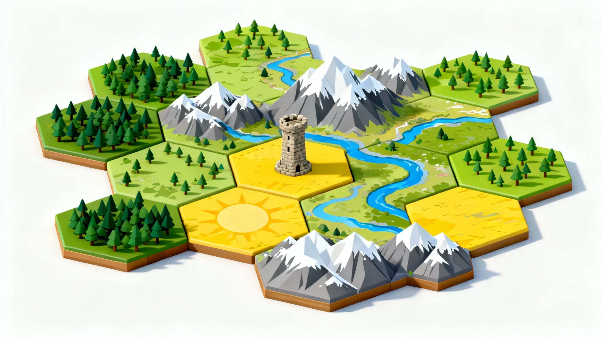 An isometric mockup of a colorful hex map for a strategy game, showing various terrains like forests, mountains, and rivers on a clean white background.