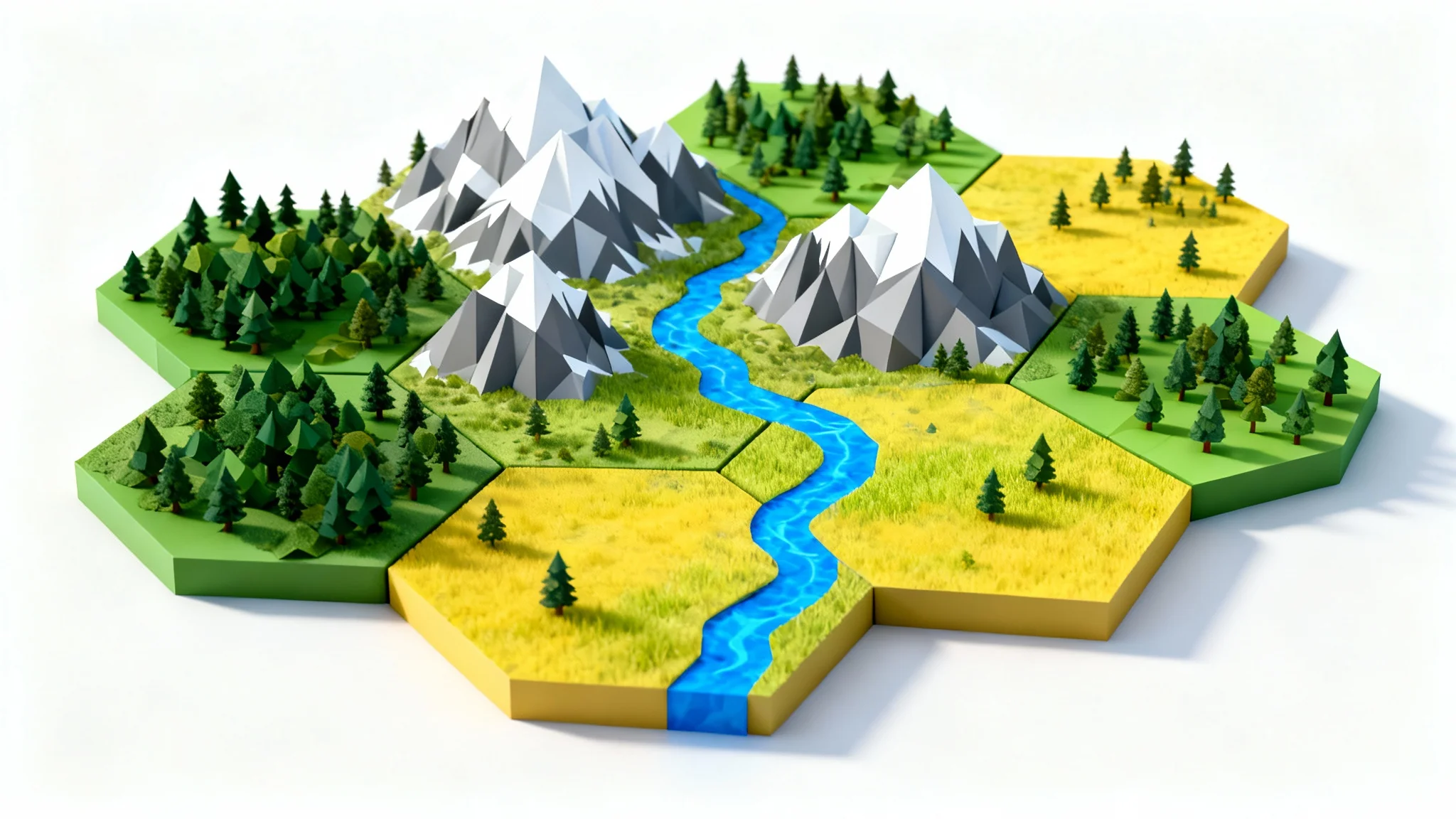 A vibrant 3D hex map displaying a fantasy landscape with forests, mountains, and rivers, presented as a clean mockup on a white background.