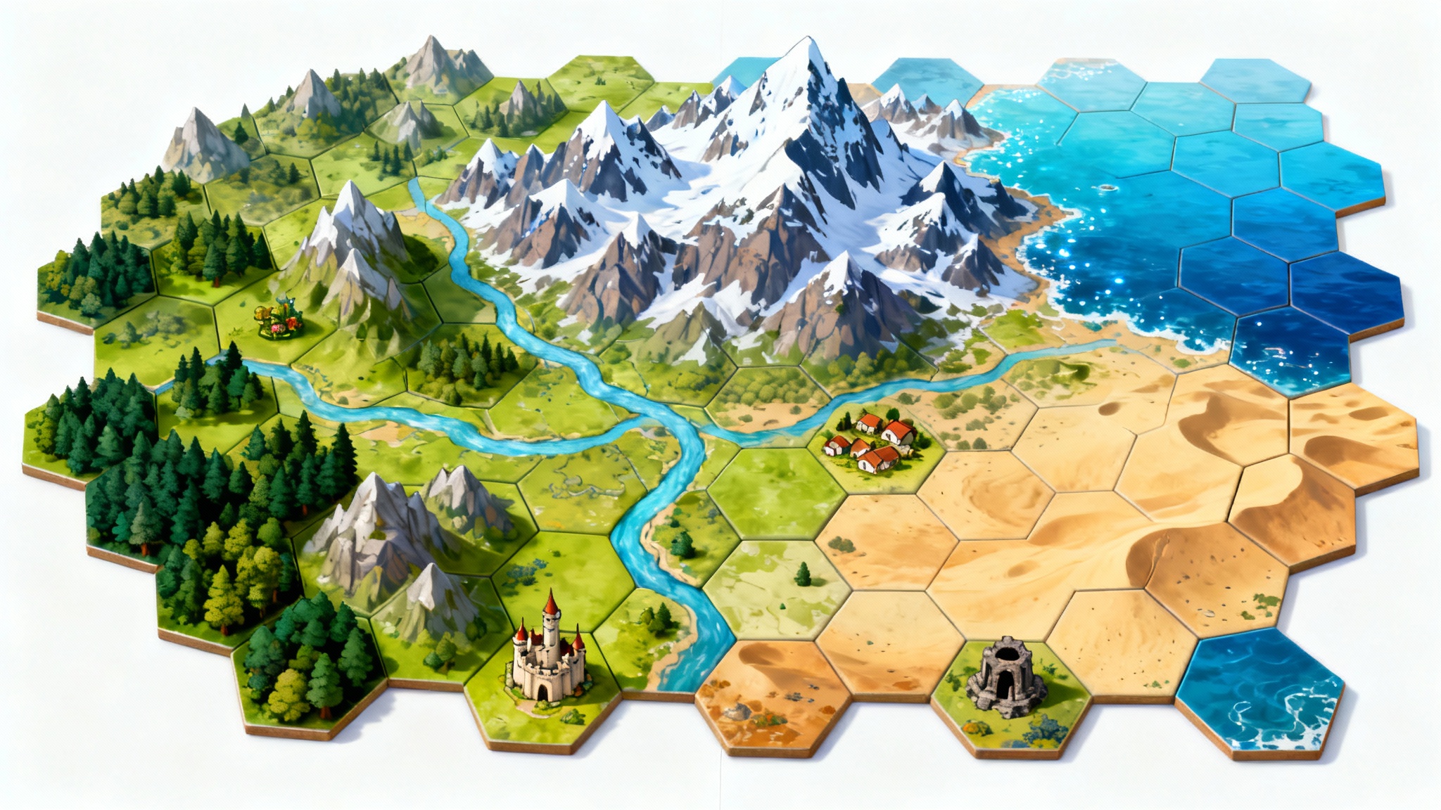 A top-down view of a colorful fantasy world map made from a grid of hexagons, with each hexagon showing a different terrain like forests, mountains, or oceans.