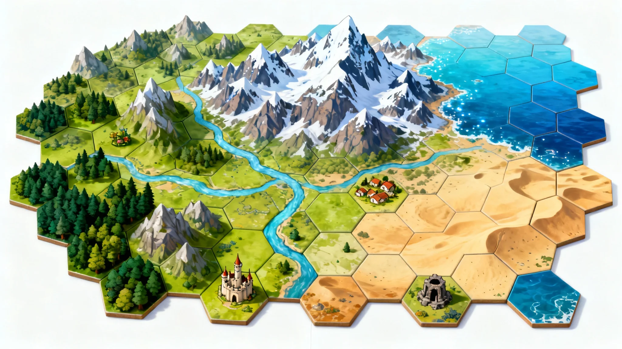 A top-down view of a colorful fantasy world map made from a grid of hexagons, with each hexagon showing a different terrain like forests, mountains, or oceans.