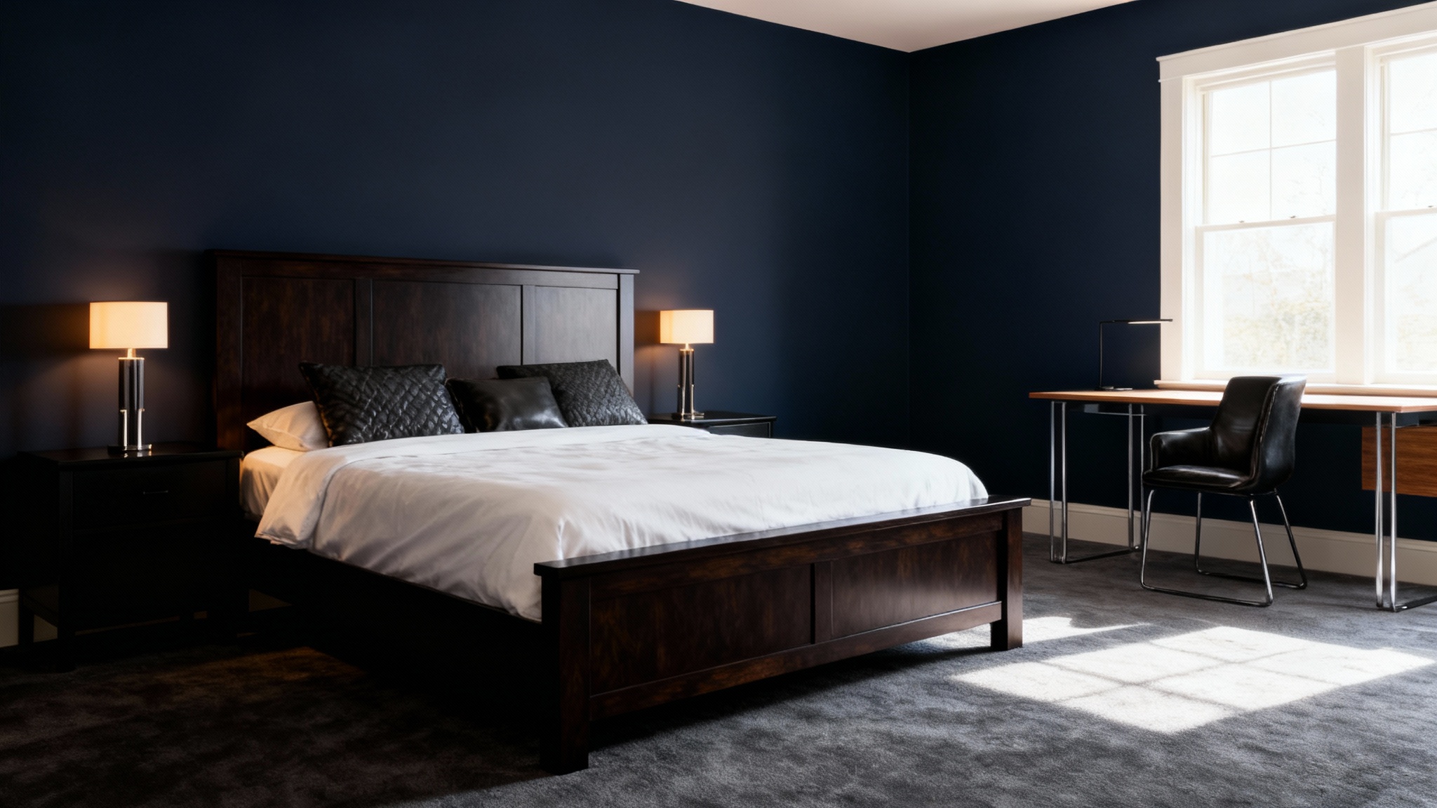 A beautifully designed, modern masculine bedroom with navy blue walls, a large wooden bed with white linens, and sleek black furniture, bathed in warm and natural light.
