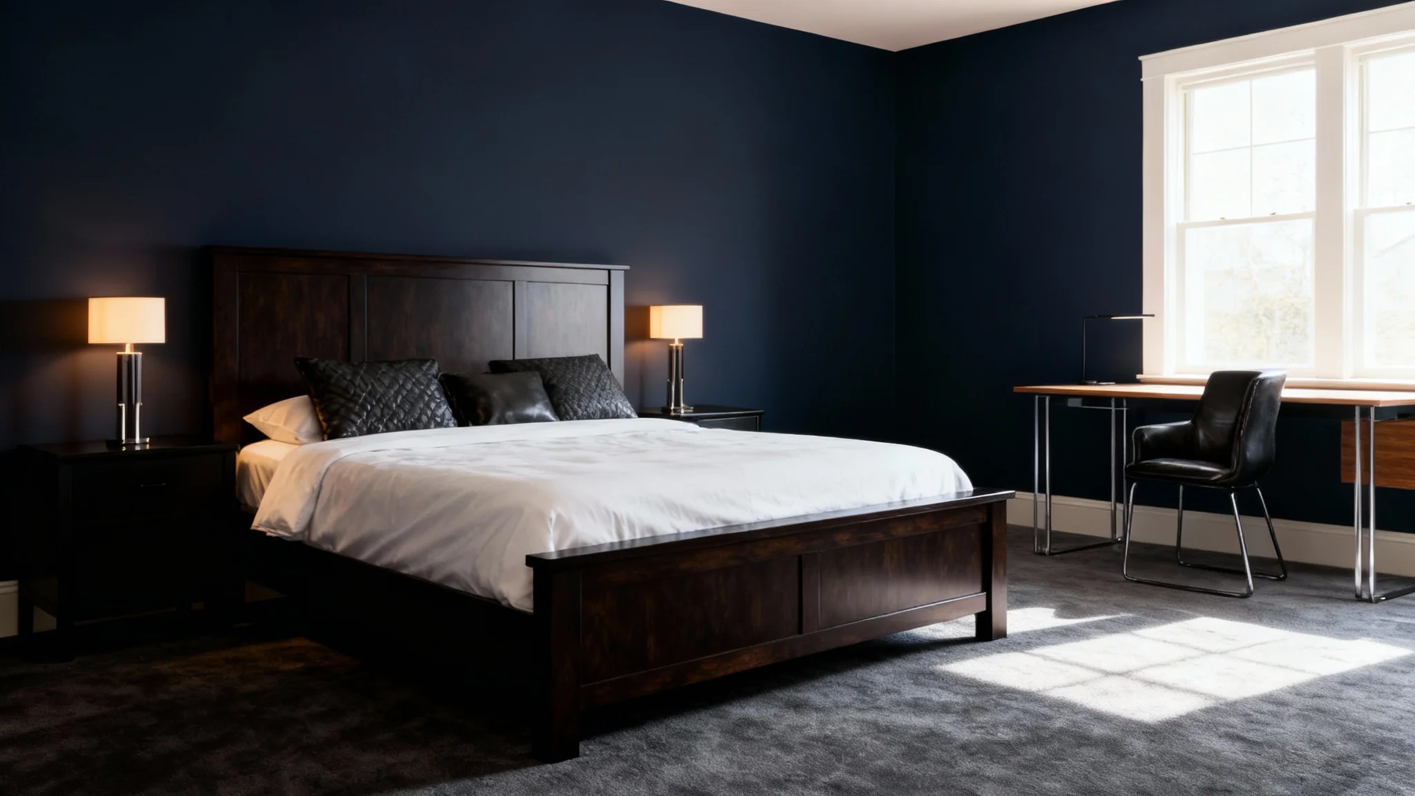 A beautifully designed, modern masculine bedroom with navy blue walls, a large wooden bed with white linens, and sleek black furniture, bathed in warm and natural light.