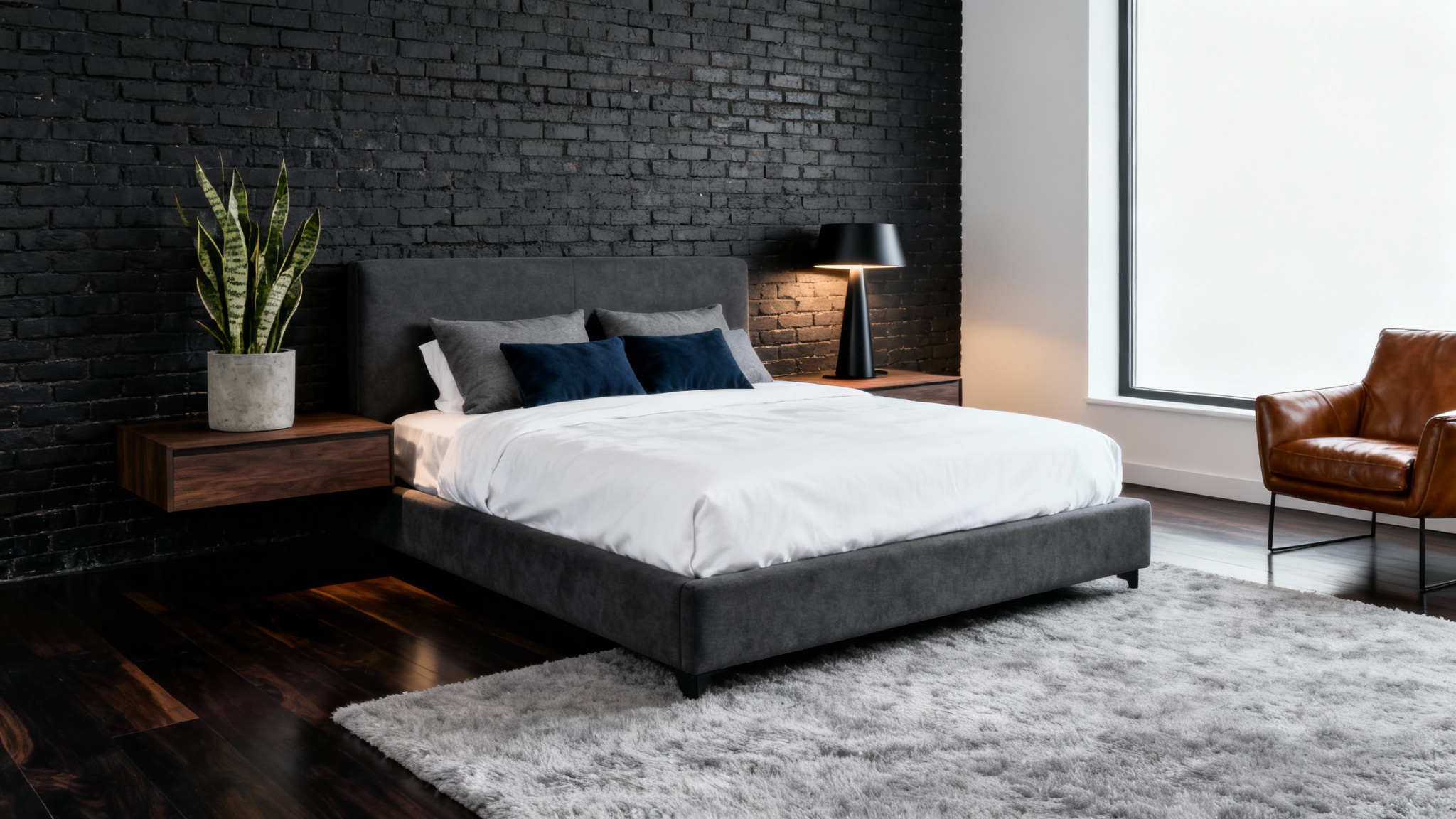 A photorealistic mockup of a modern masculine bedroom featuring a brick wall, a large bed with gray and navy accents, dark wood furniture, and a cognac leather armchair, all on a white background.