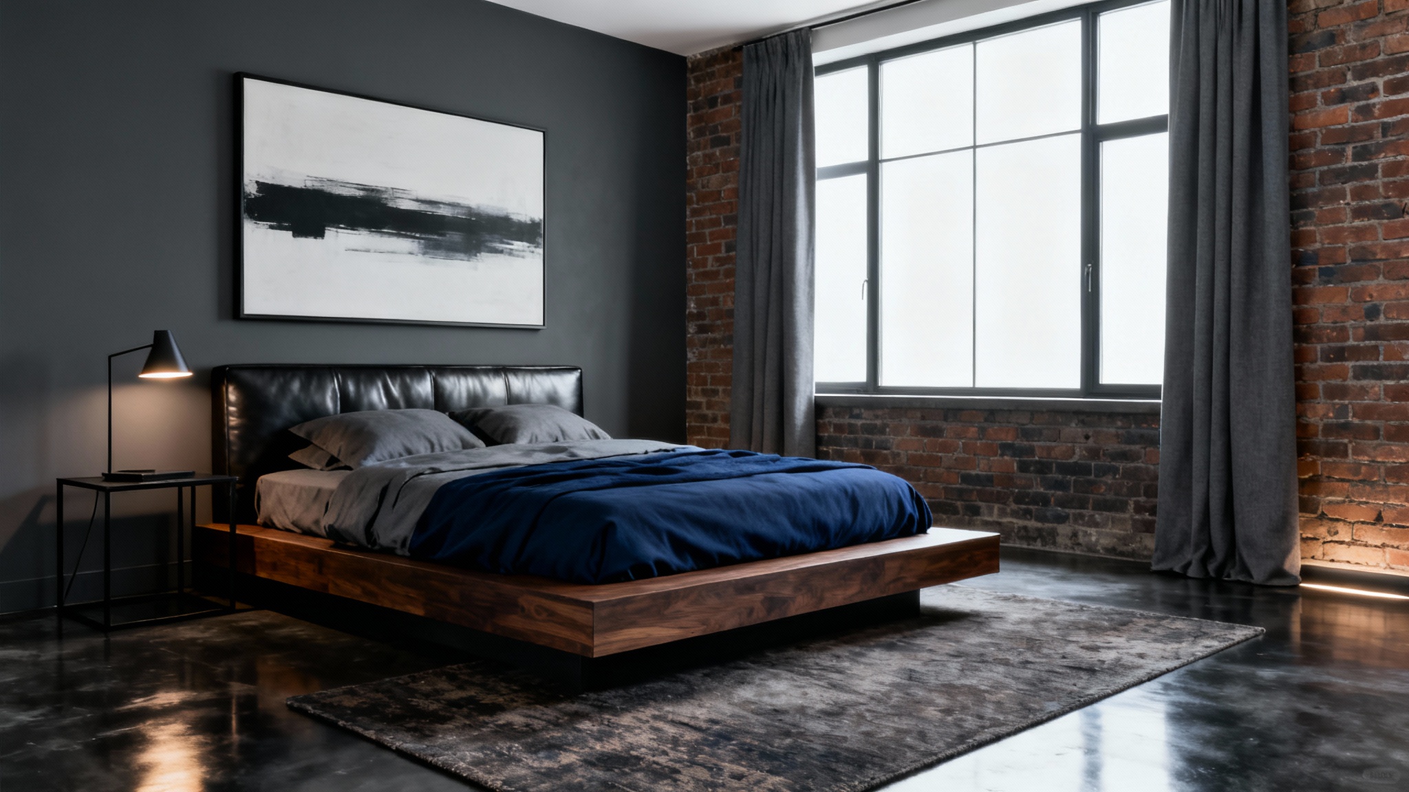 A professionally photographed mockup of a modern masculine bedroom, featuring a dark color scheme, a bed with a leather headboard, a brick accent wall, and minimalist decor.
