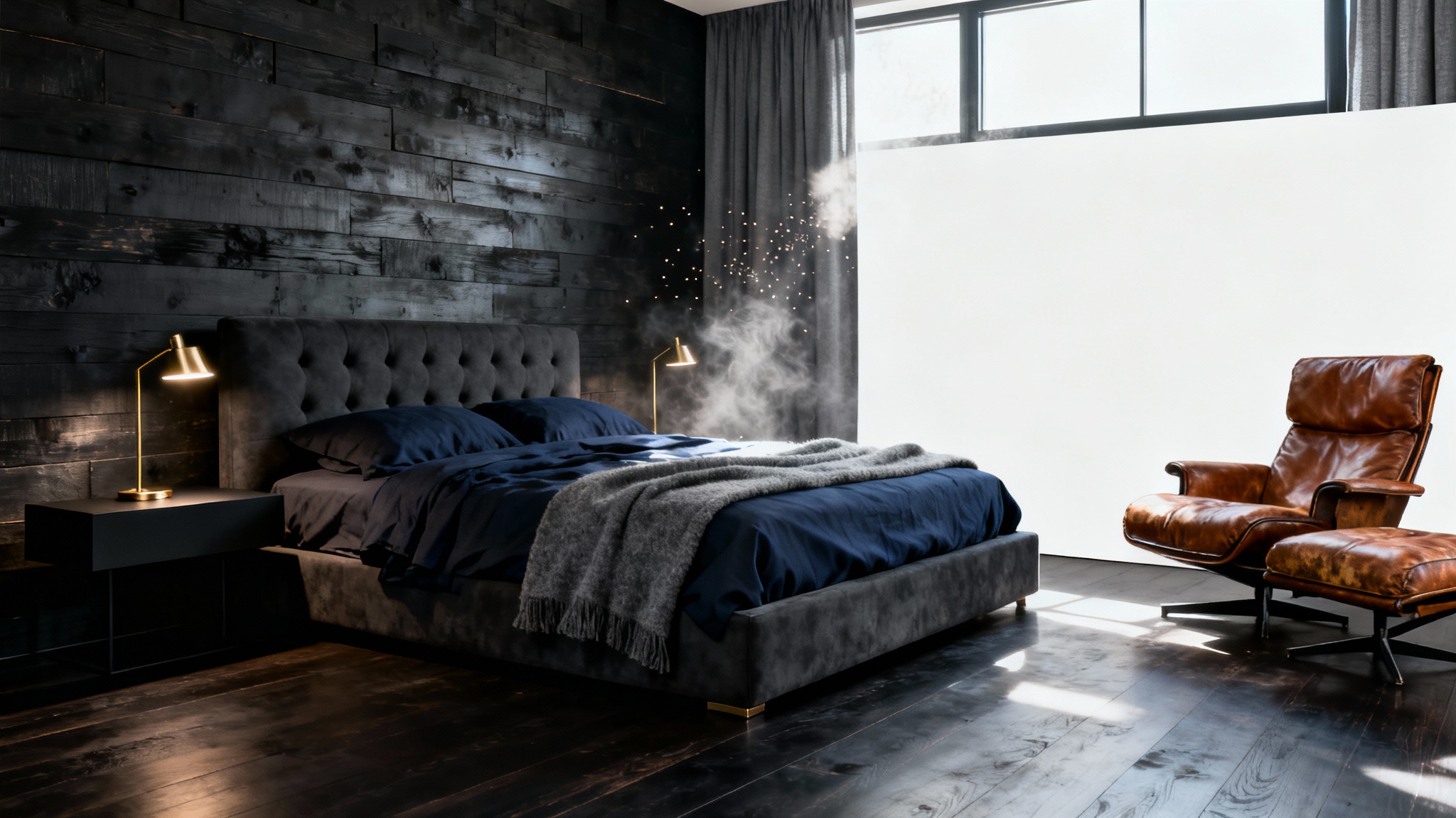A stylish, modern masculine bedroom featuring a dark wood accent wall, a king-size bed with navy and gray bedding, and a cognac leather lounge chair in the corner.