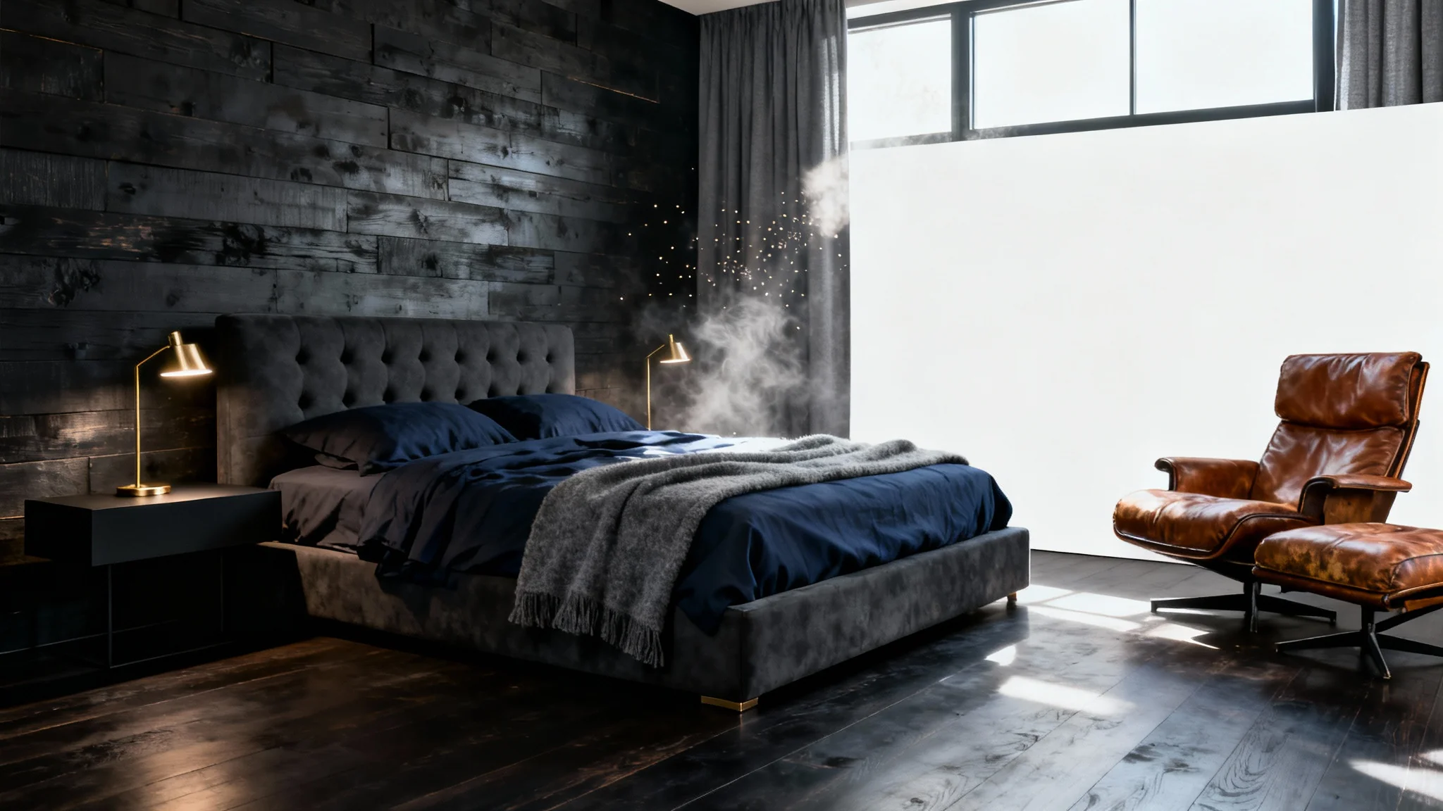 A stylish, modern masculine bedroom featuring a dark wood accent wall, a king-size bed with navy and gray bedding, and a cognac leather lounge chair in the corner.