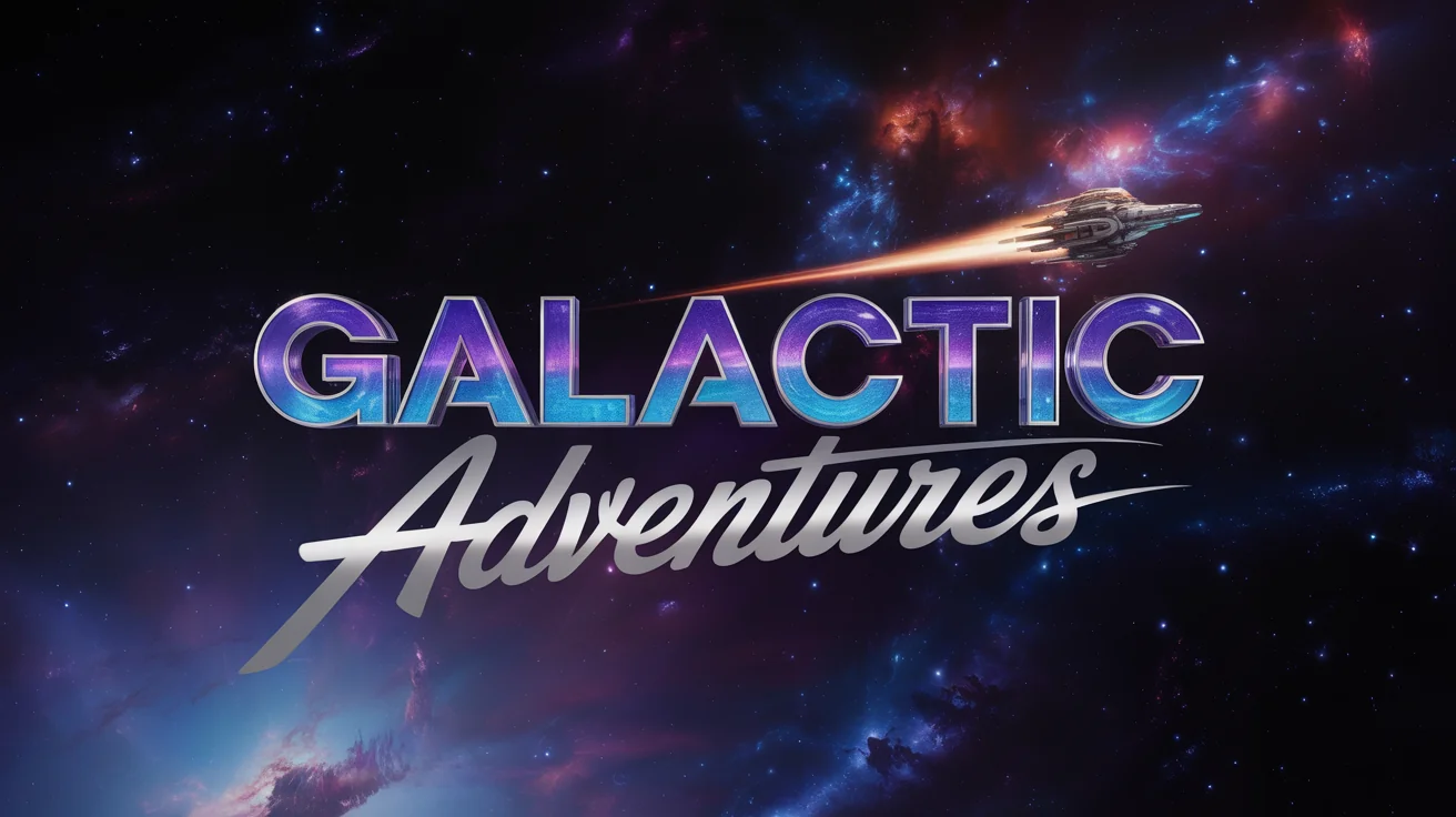 A professionally designed movie logo for 'Galactic Adventures' set against a deep space background. The word 'Galactic' is in a futuristic blue and purple font, and 'Adventures' is in a silver script, with a spaceship emblem integrated into the design.