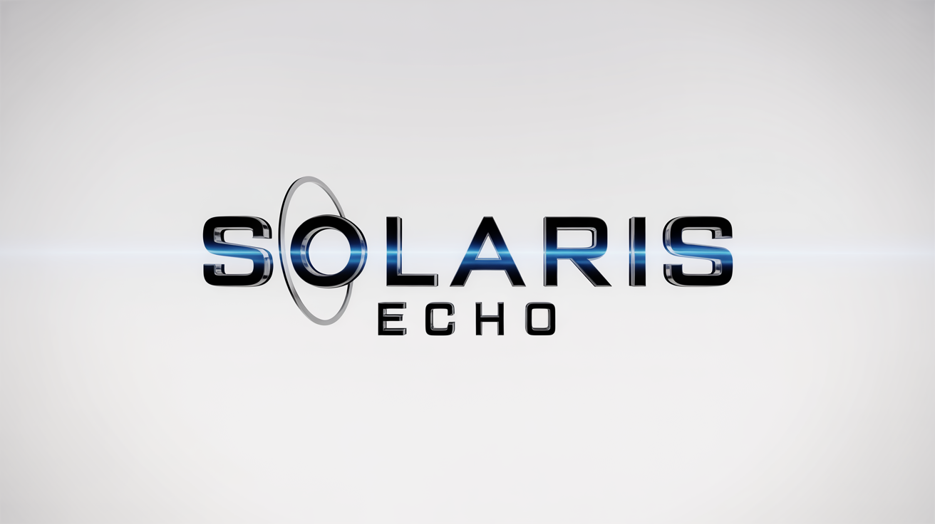 A photorealistic mockup of a movie logo for a sci-fi film titled 'Solaris Echo', featuring polished chrome text with blue neon highlights, set against a clean white background.