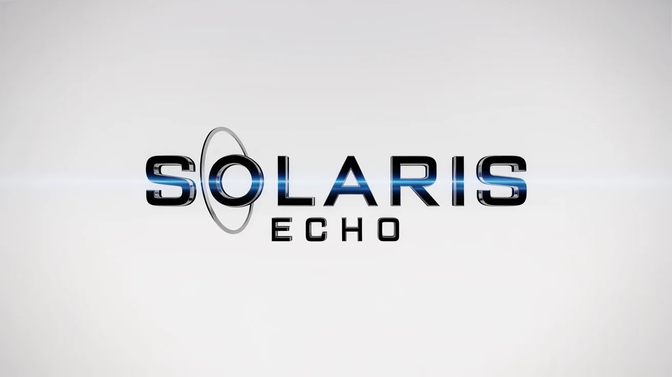 A photorealistic mockup of a movie logo for a sci-fi film titled 'Solaris Echo', featuring polished chrome text with blue neon highlights, set against a clean white background.