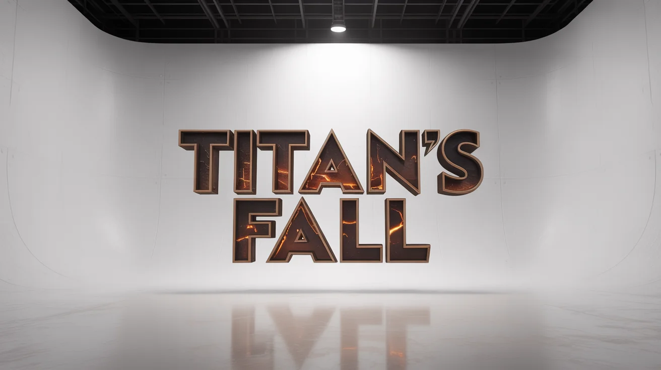 A cinematic 3D mockup of the movie logo 'TITAN'S FALL', rendered in weathered bronze with glowing orange embers, isolated on a pure white background.
