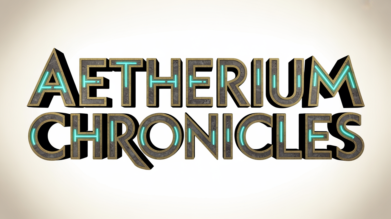 A photorealistic 3D movie logo mockup for 'AETHERIUM CHRONICLES', crafted from gold and stone with glowing blue runes, presented against a stark white background.