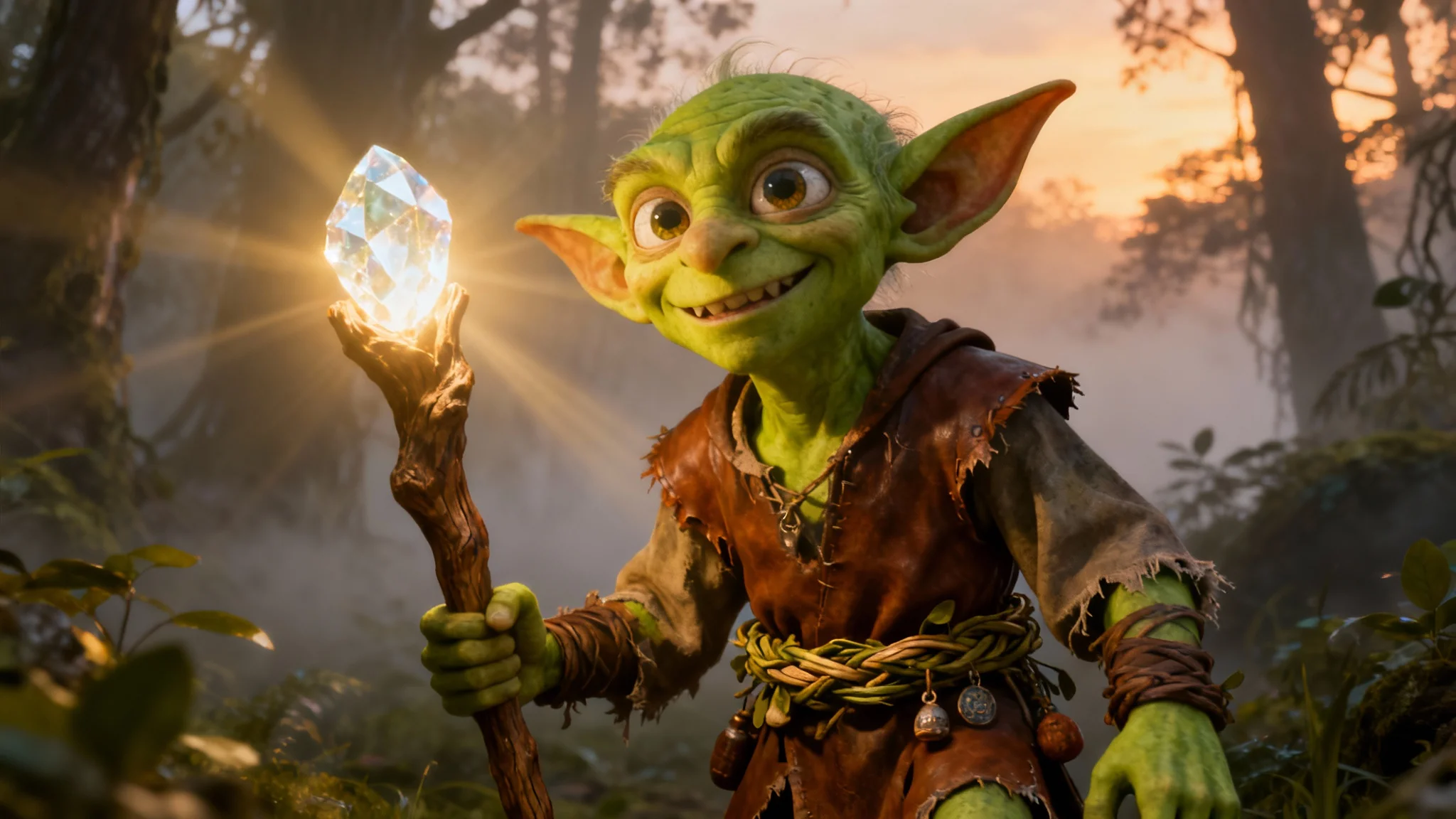 A hyperrealistic 16:9 hero image showing a final, polished 3D render of a green goblin character with a glowing staff in an enchanted forest, demonstrating the output of a character generator.