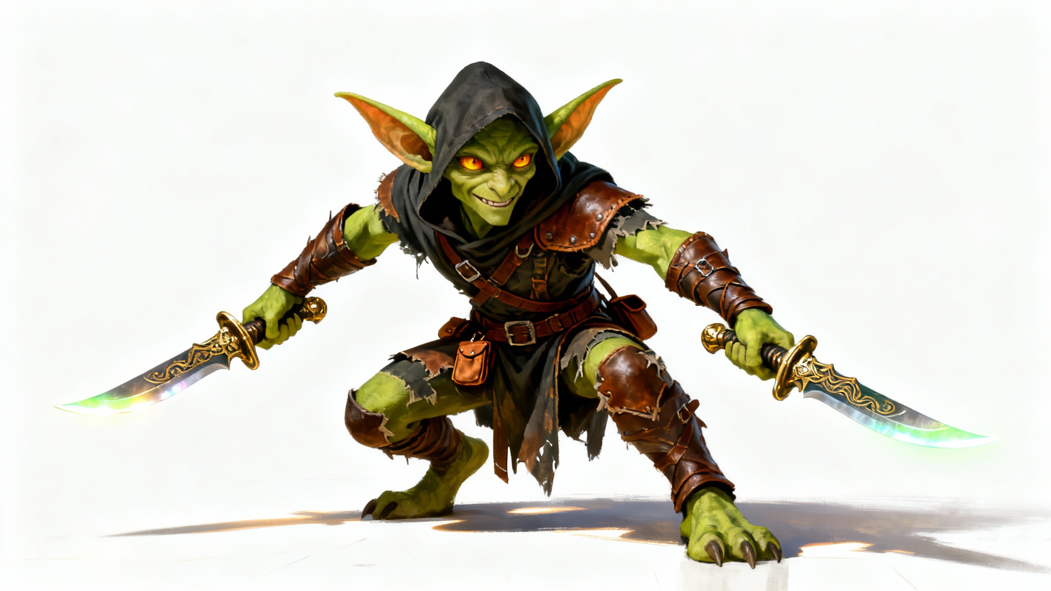 A highly detailed digital illustration of a green-skinned goblin rogue in leather armor, holding two daggers and crouching in a ready stance against a clean white background.