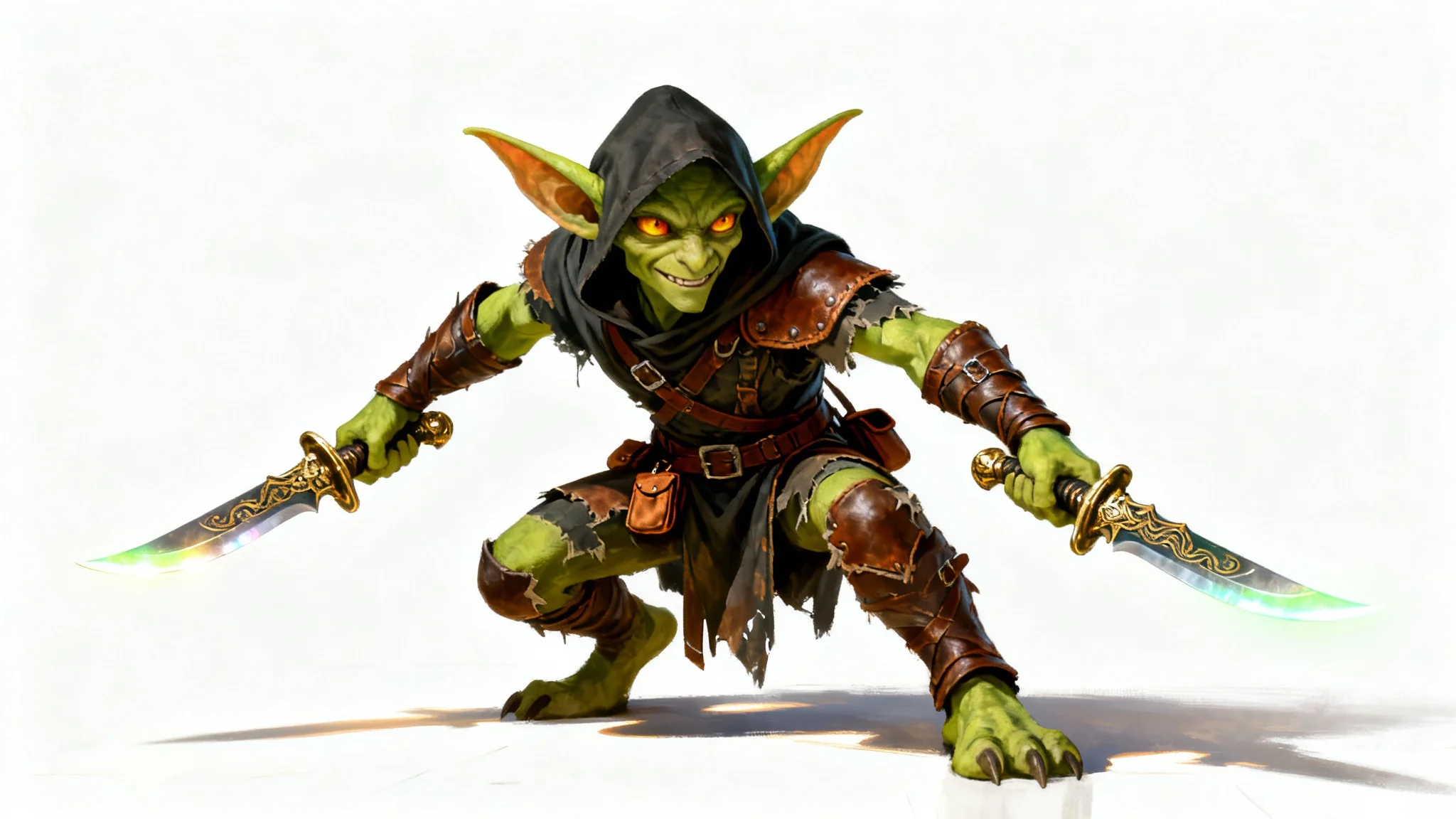 A highly detailed digital illustration of a green-skinned goblin rogue in leather armor, holding two daggers and crouching in a ready stance against a clean white background.