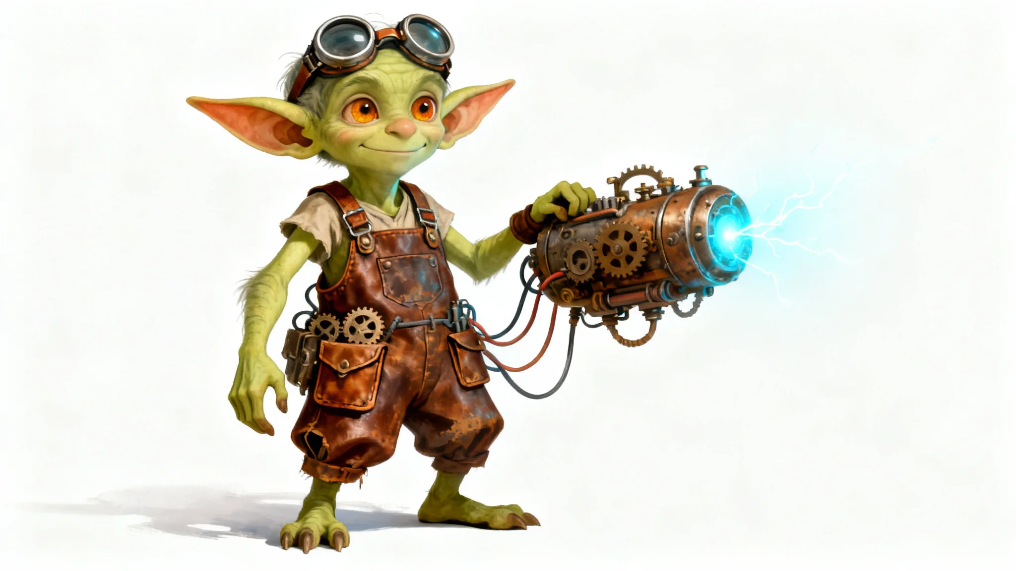 A full-body digital painting of a goblin tinkerer with green skin and goggles, proudly holding a sparking mechanical invention against a white background.