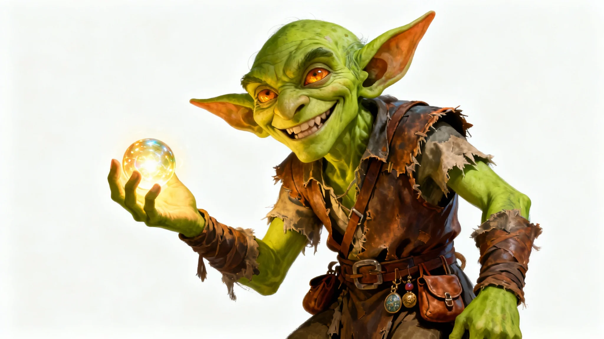 A detailed digital painting of a mischievous goblin character with green skin and glowing amber eyes, holding a magical orb against a clean white background.