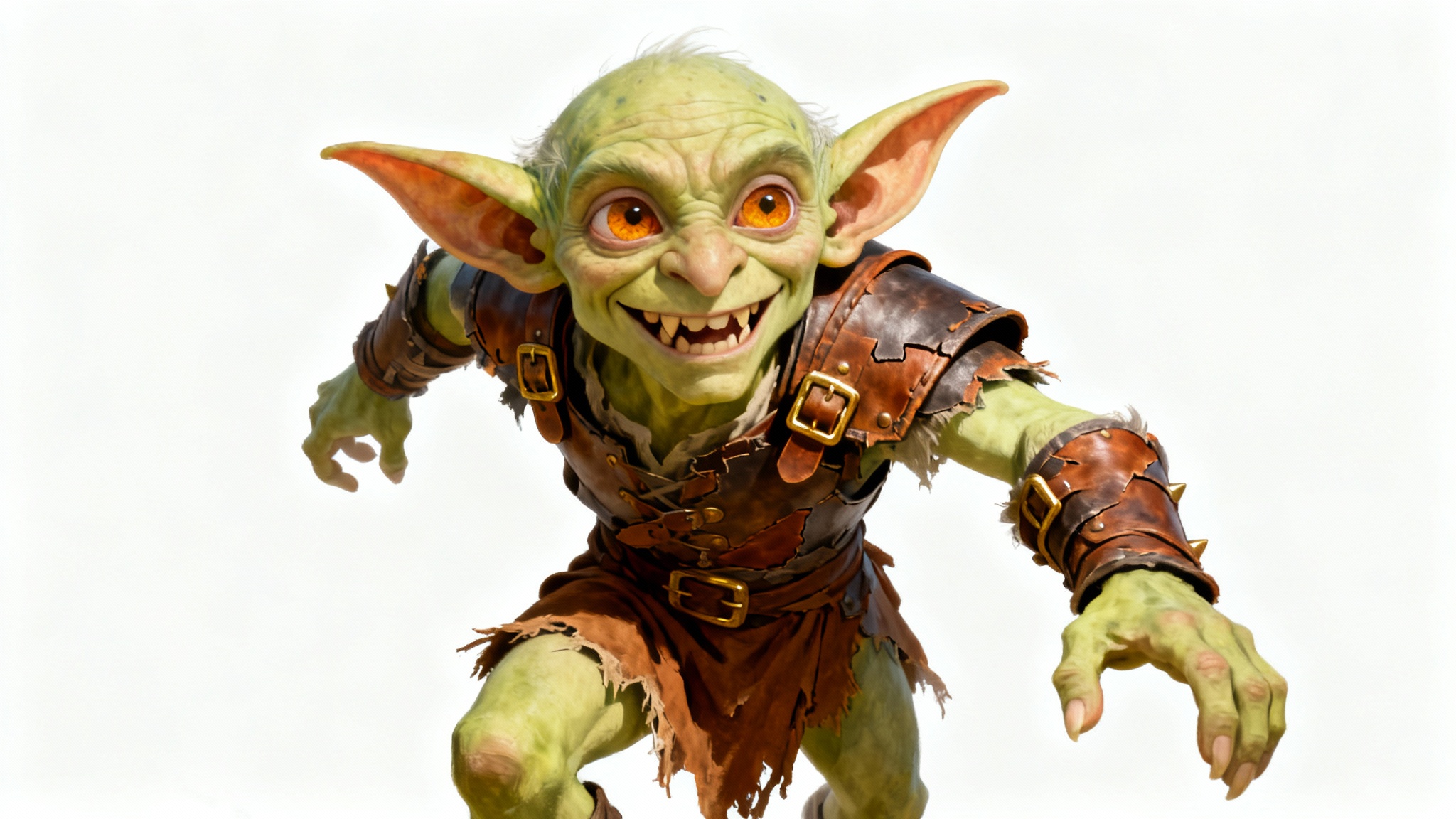 A full-body digital painting of a mischievous goblin character with green skin and pointed ears, wearing makeshift leather armor, standing against a solid white background.