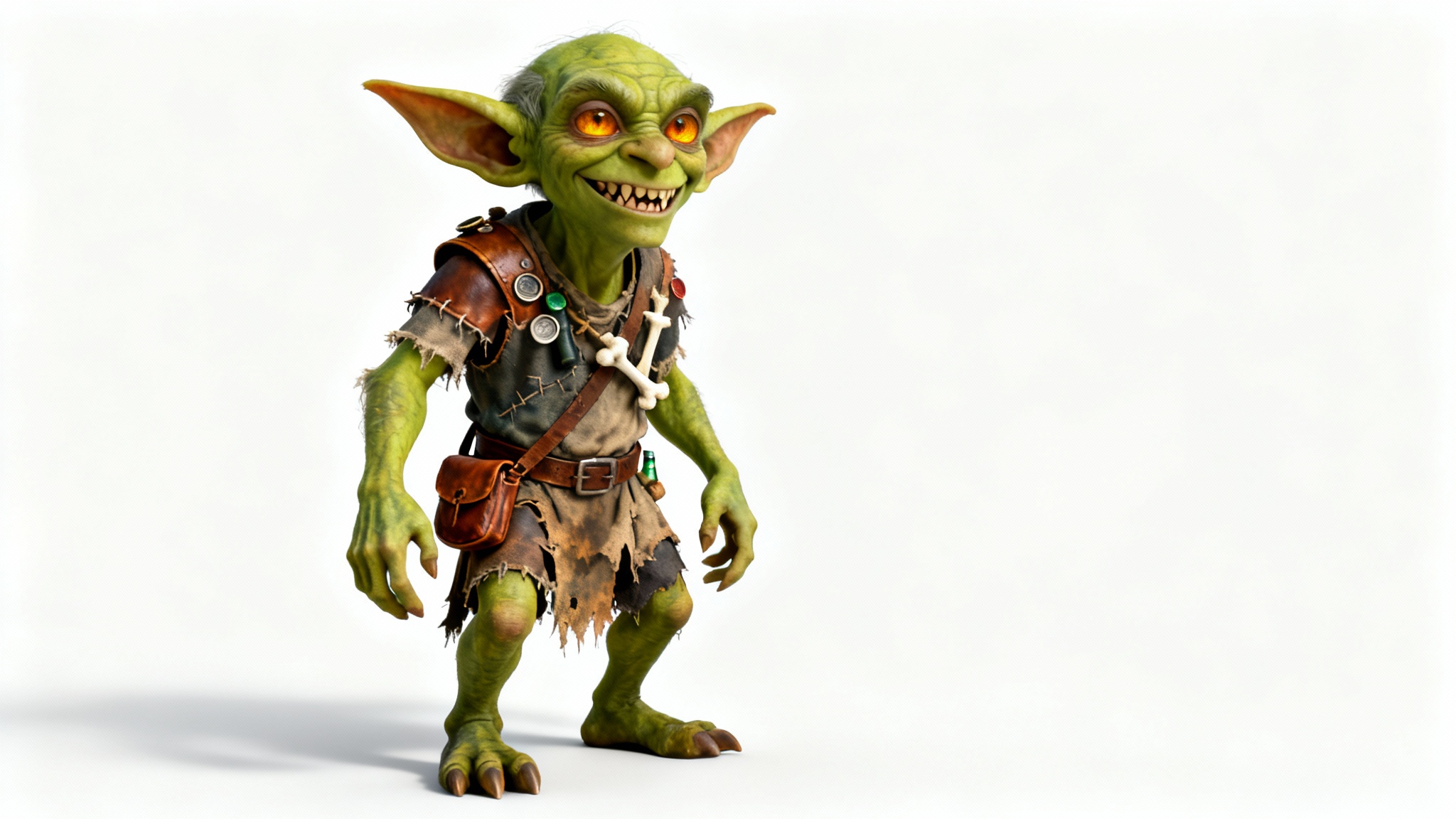 A highly detailed 3D render of a mischievous-looking goblin character with green skin and pointed ears, standing against a stark white background.