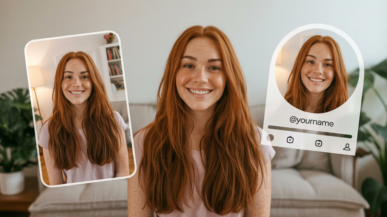 A comparison image showing a photo being resized for an Instagram profile picture. On the left is the original selfie of a woman. On the right is a mock-up of an Instagram profile page with her face perfectly cropped into the circular profile picture space.