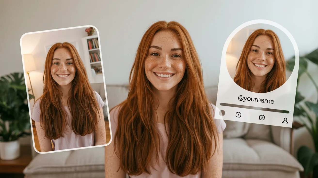 A comparison image showing a photo being resized for an Instagram profile picture. On the left is the original selfie of a woman. On the right is a mock-up of an Instagram profile page with her face perfectly cropped into the circular profile picture space.