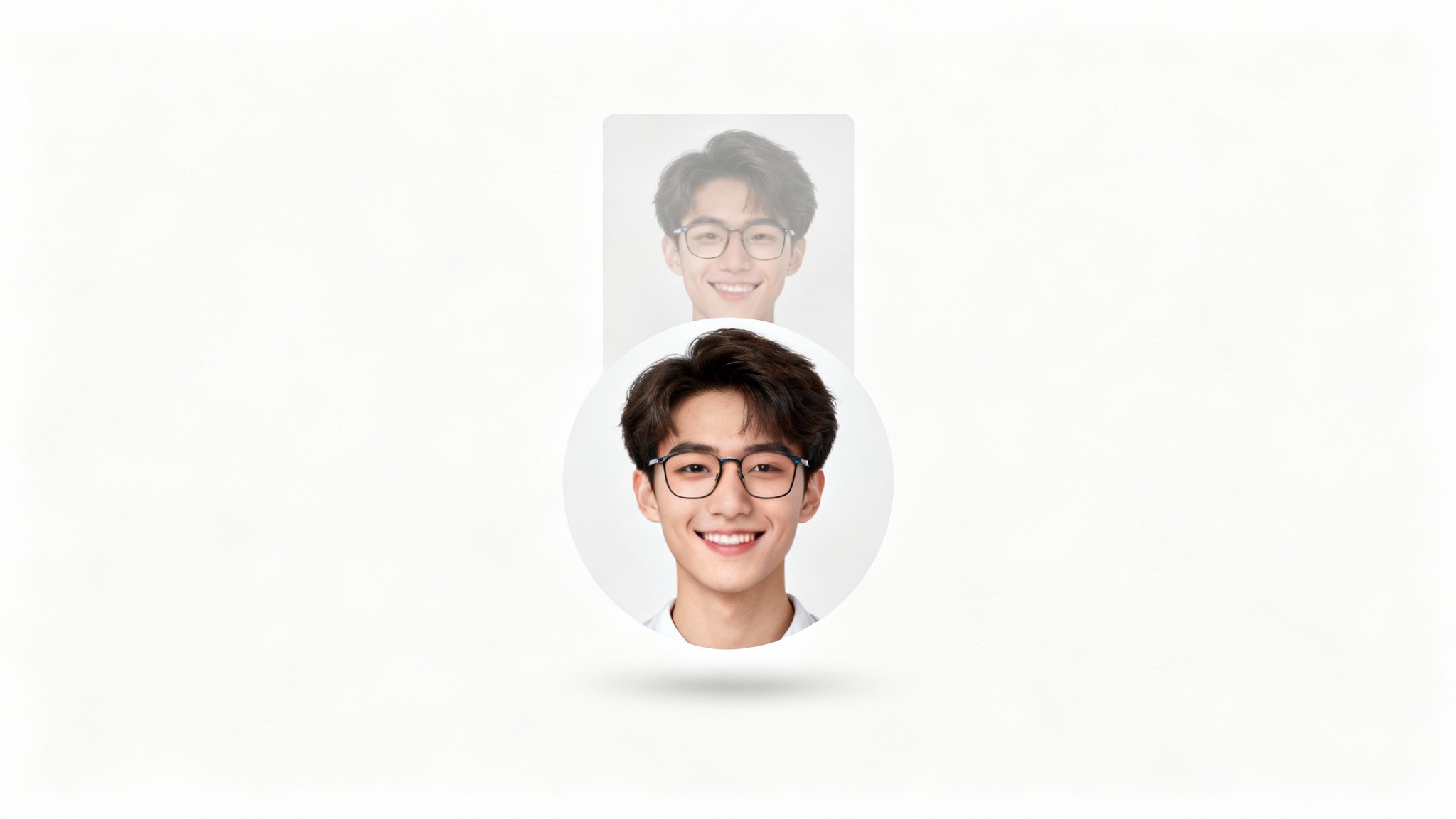 A conceptual image illustrating a photo being resized for a profile picture, showing a rectangular portrait of a man behind a perfectly cropped circular version of the same image.