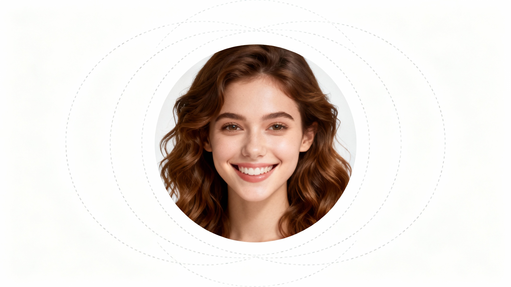 A conceptual image showing a circular profile picture of a smiling woman on a white background, with concentric dotted circles around it to symbolize resizing for an Instagram profile.