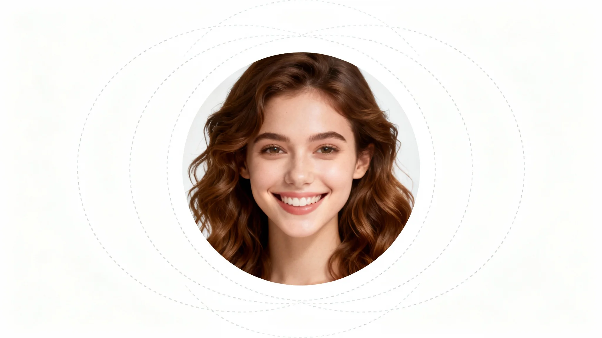 A conceptual image showing a circular profile picture of a smiling woman on a white background, with concentric dotted circles around it to symbolize resizing for an Instagram profile.