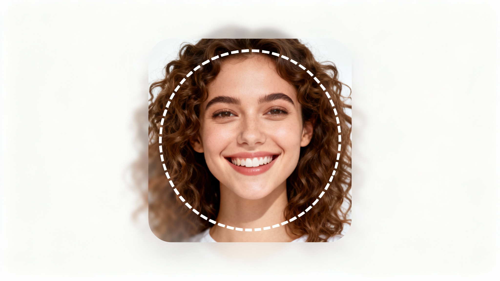 A woman's portrait photo being framed by a circular dashed line, illustrating the process of resizing an image for an Instagram profile picture.