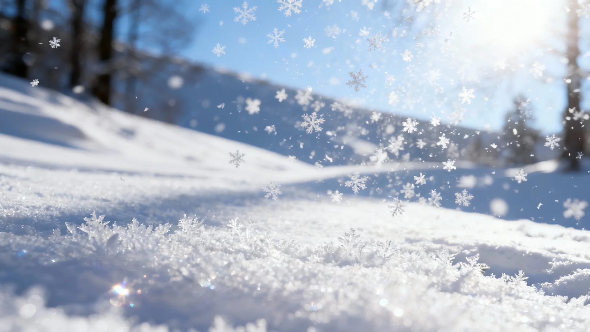 A wide, photorealistic image of a sunlit winter landscape with the added effect of gentle, realistic snowflakes falling, demonstrating a snow texture overlay.