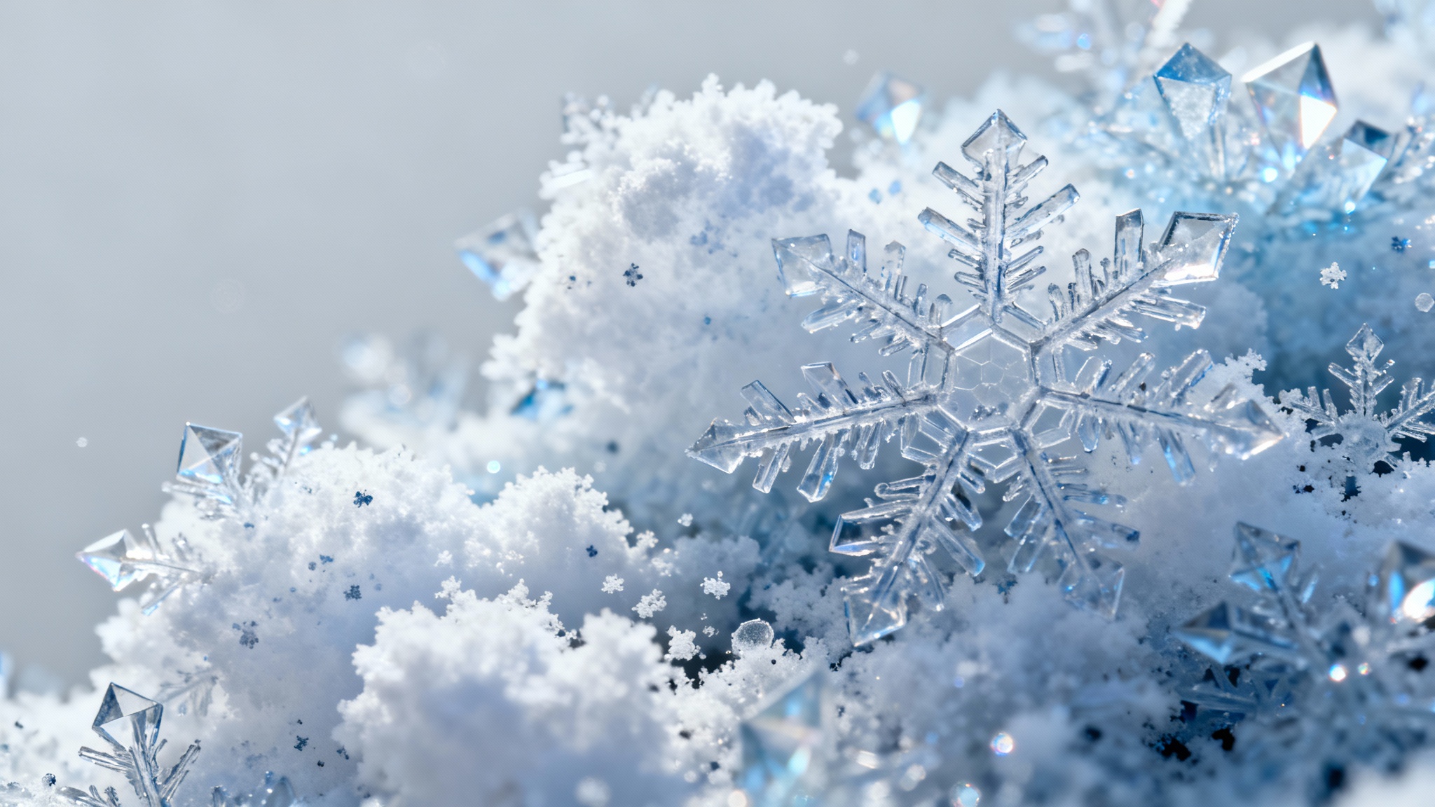 A hyper-realistic, close-up image of a snow texture, showing a dense field of varied snowflakes sparkling against a solid light gray background.
