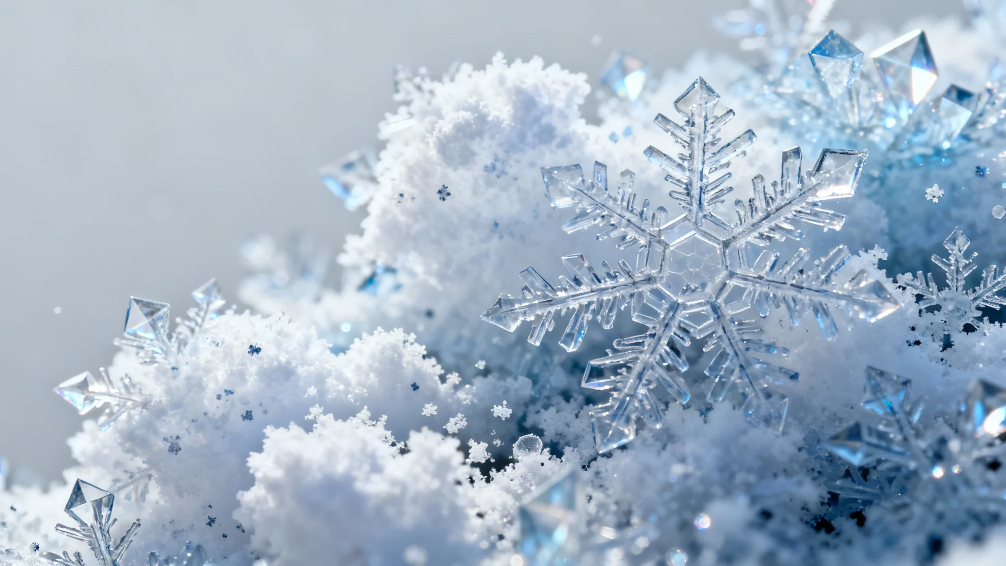 A hyper-realistic, close-up image of a snow texture, showing a dense field of varied snowflakes sparkling against a solid light gray background.