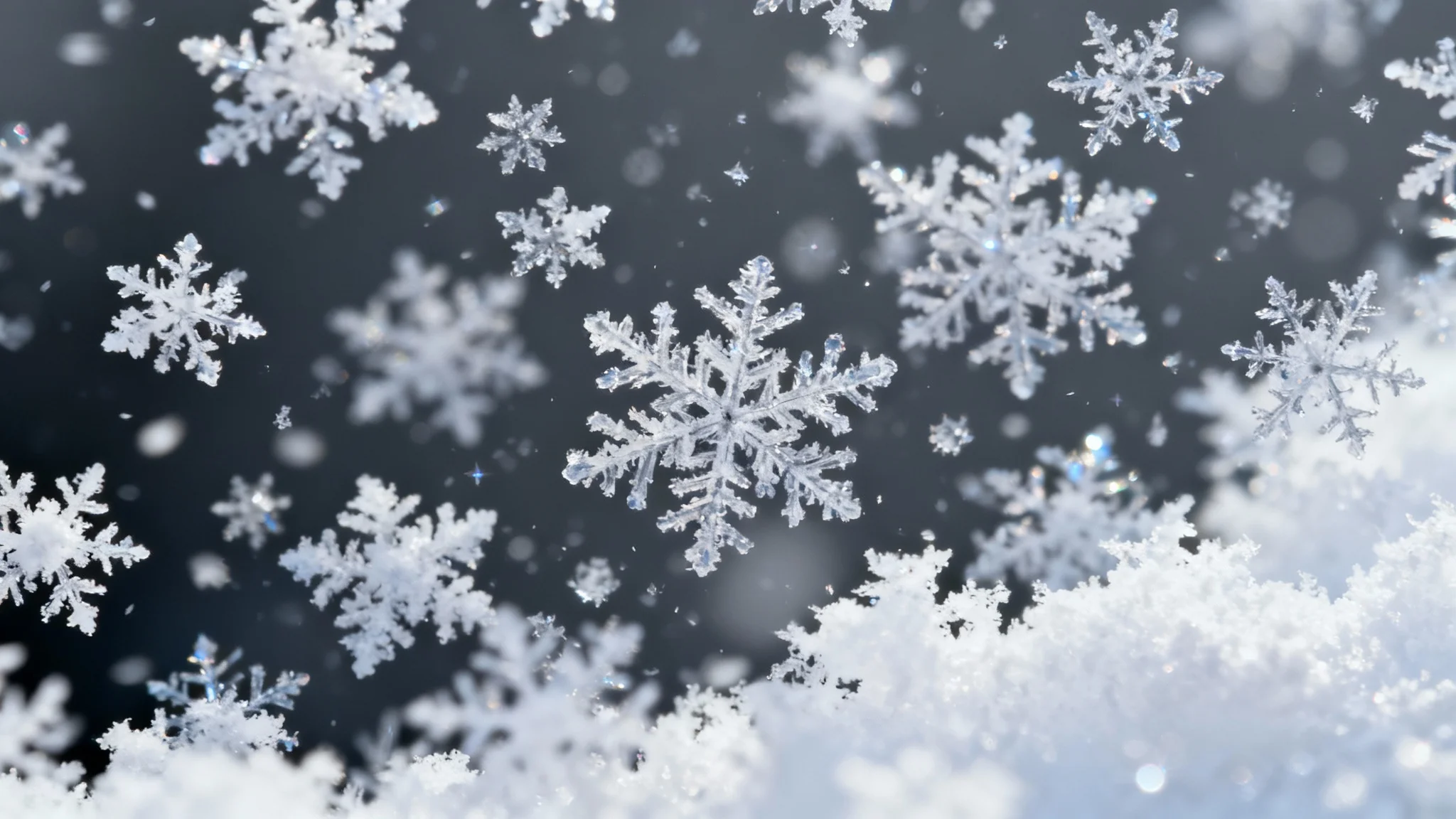 A high-resolution macro image showcasing a dense pattern of detailed, sparkling snowflakes, perfect for a snow texture overlay.