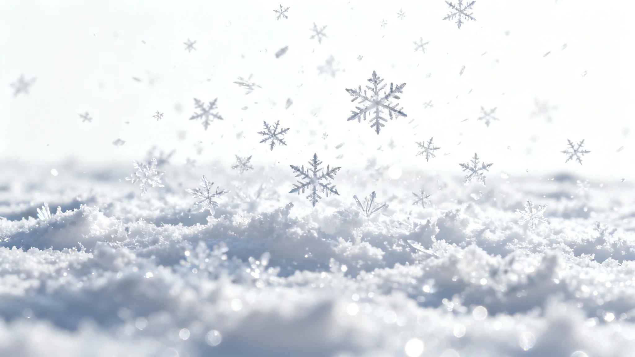 A high-detail macro shot of a snow texture overlay, showing a dense flurry of varied snowflakes against a clean white background, illustrating a digital effect.