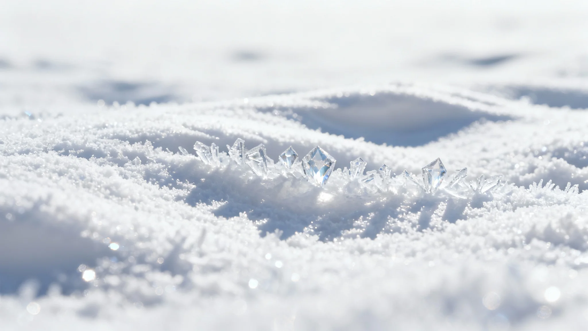 A hyper-detailed macro shot of a pristine snow surface, with individual ice crystals glittering under the light, emphasizing its beautiful and complex texture against a clean white background.