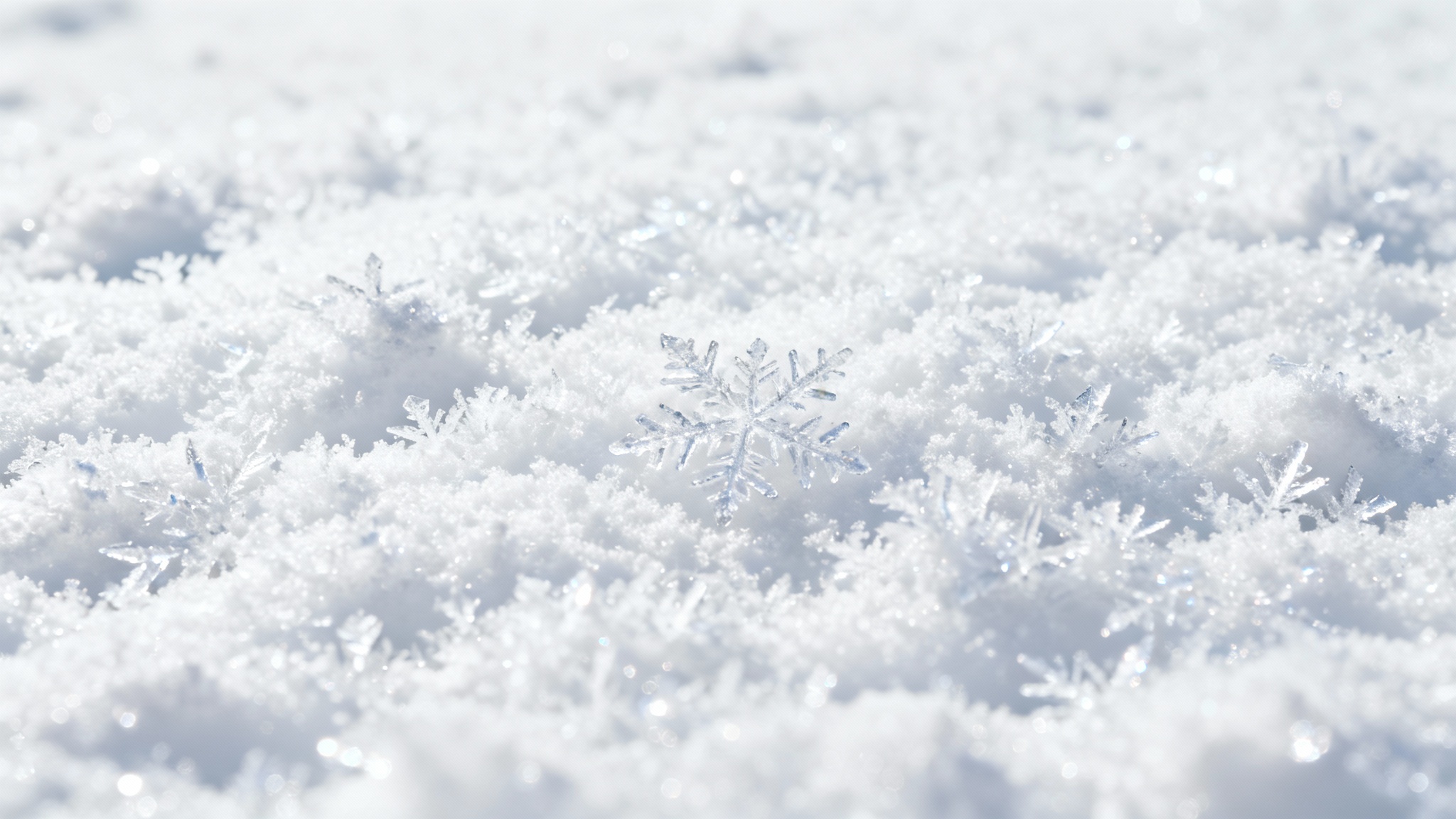 A hyper-realistic, top-down macro shot of a clean snow texture, with individual snowflakes and crystals visible, set against a plain white background.