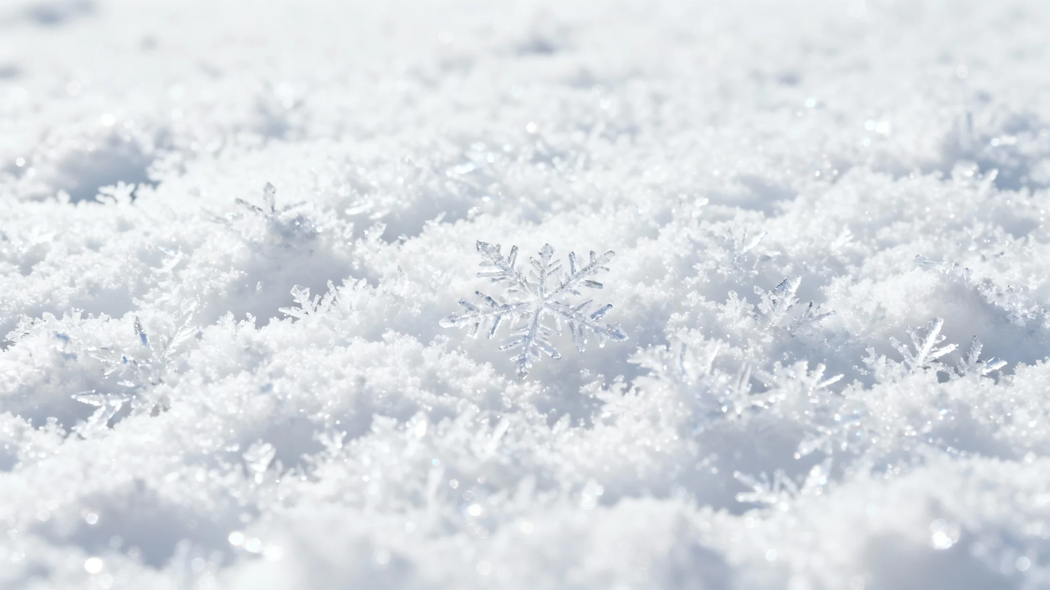 A hyper-realistic, top-down macro shot of a clean snow texture, with individual snowflakes and crystals visible, set against a plain white background.