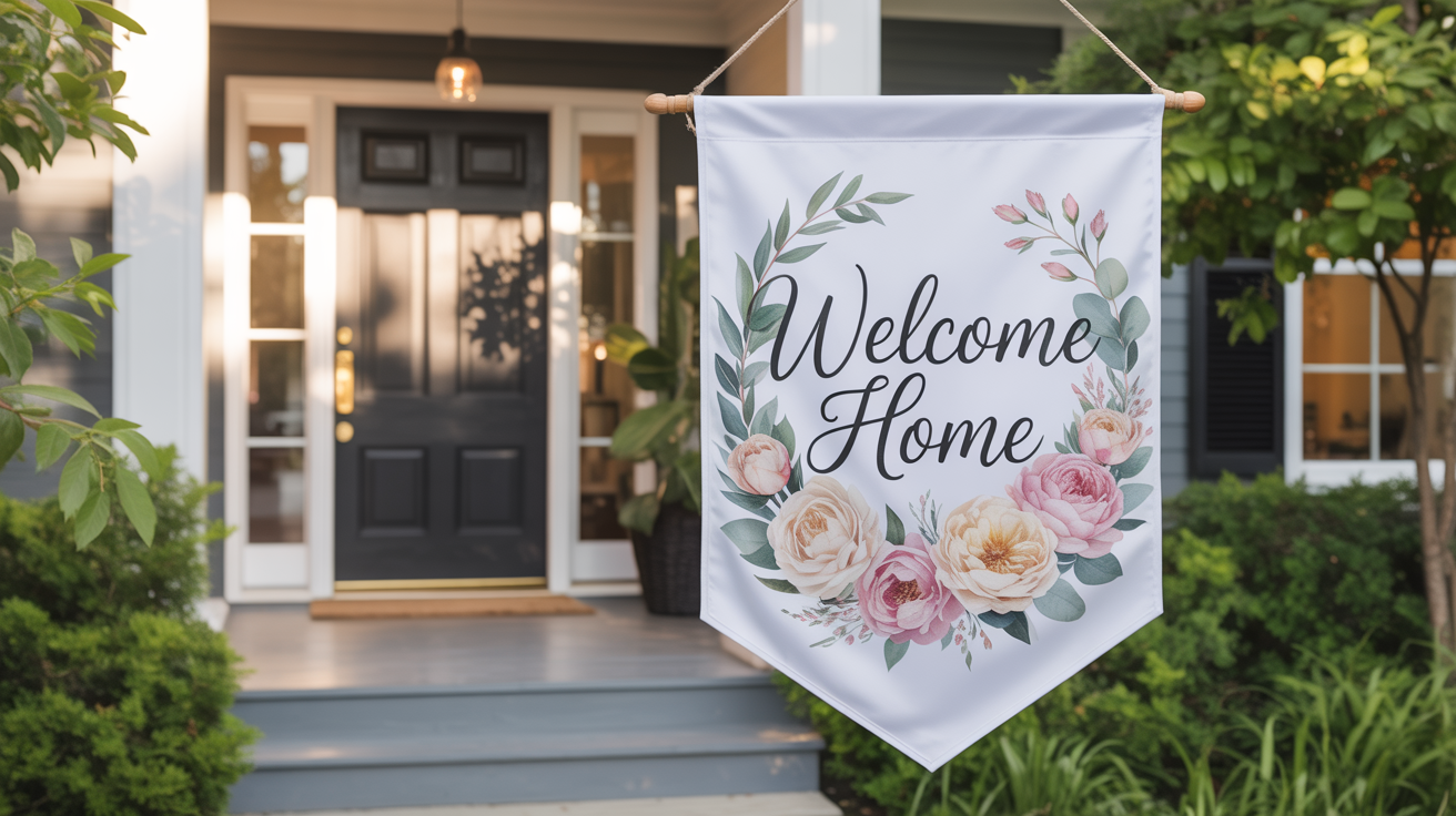 A professionally designed house banner with the words 'Welcome Home' hanging on the front porch of a modern house.