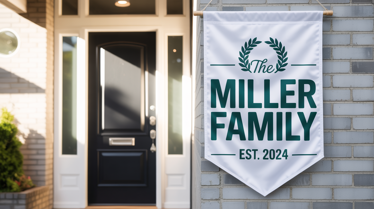 A photorealistic mockup of a white vertical house banner with the text 'The Miller Family Est. 2024' in green, hanging on the gray brick wall of a modern home.