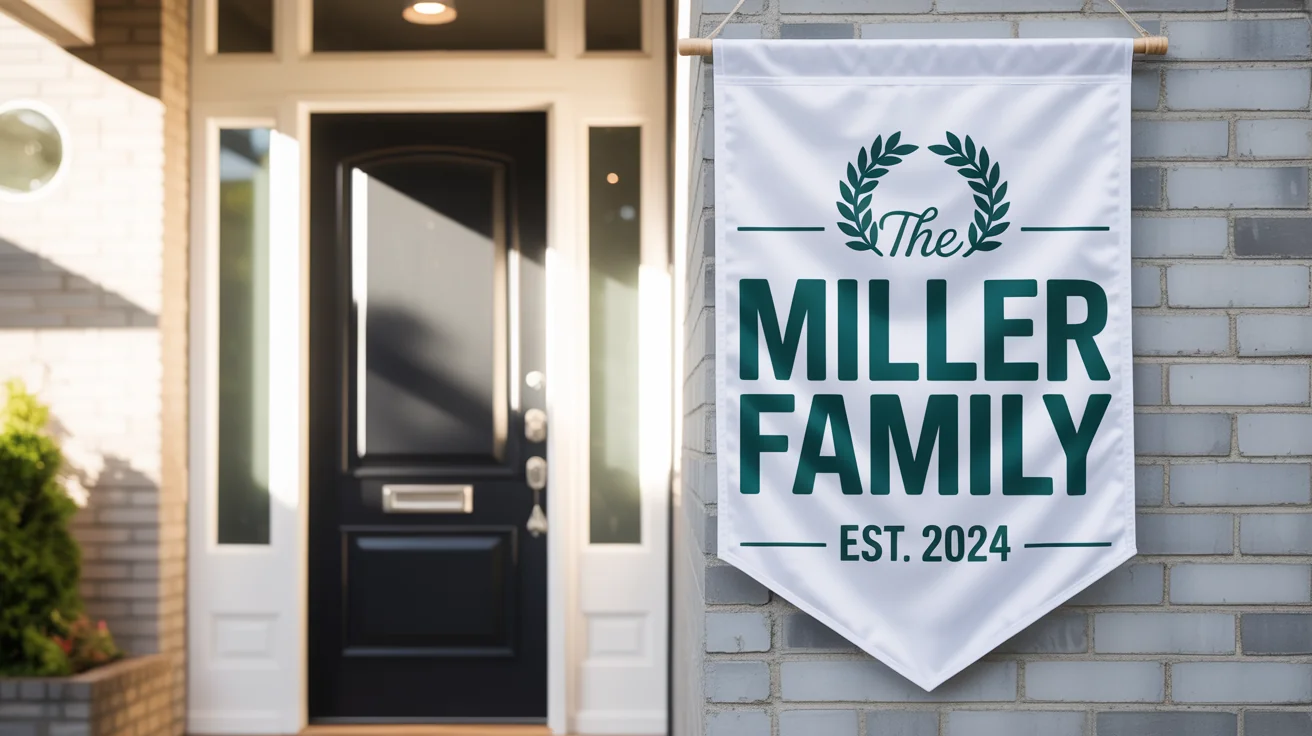 A photorealistic mockup of a white vertical house banner with the text 'The Miller Family Est. 2024' in green, hanging on the gray brick wall of a modern home.