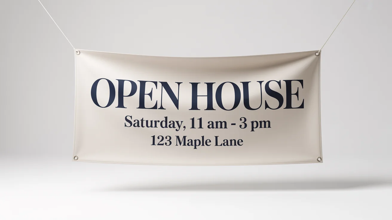 A professionally designed 'Open House' banner in navy blue and white, advertising an event on Saturday at 123 Maple Lane, displayed as a product mockup against a white background.