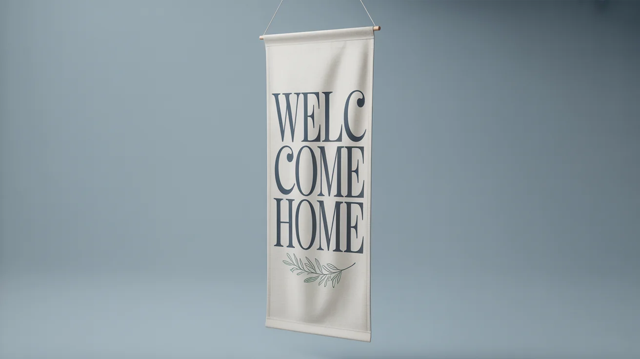 A professional mockup of a vertical house banner made of off-white canvas, featuring the words 'Welcome Home' in navy blue text with a wreath illustration below it, against a solid light grey background.