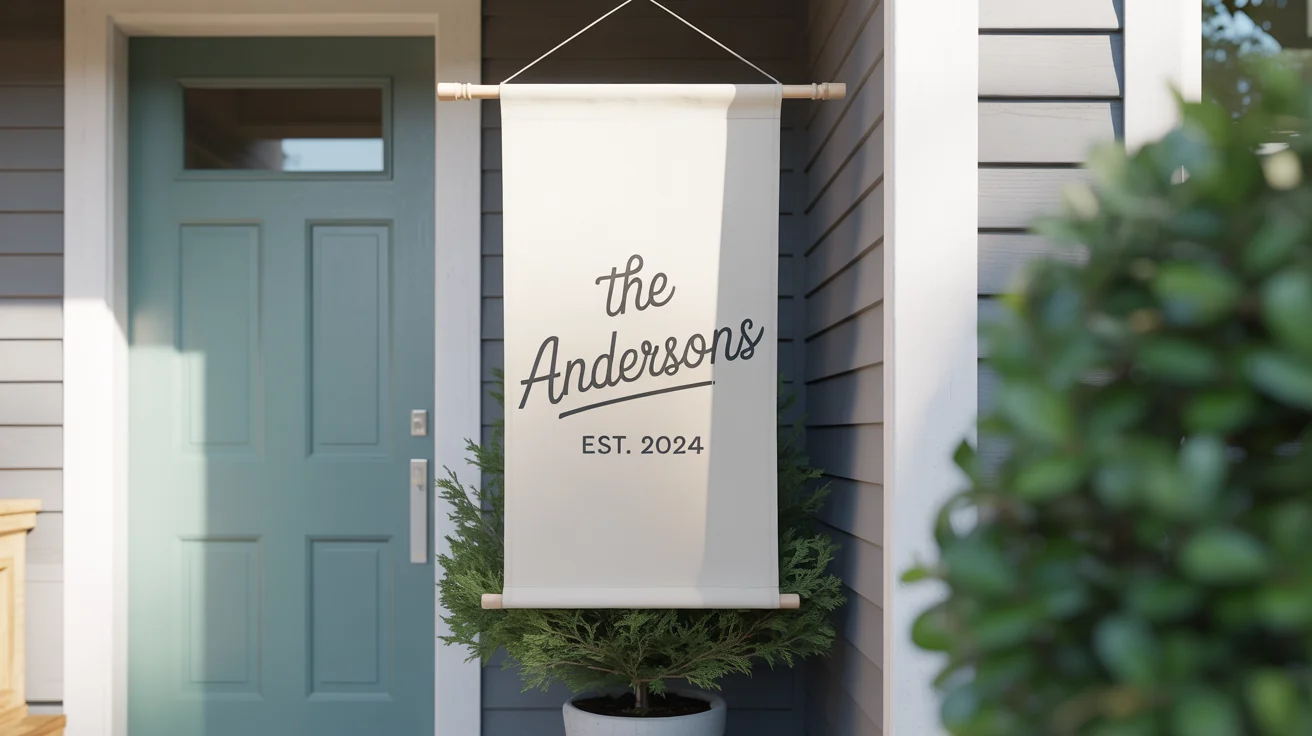 A close-up of a vertical, off-white canvas banner hanging on a house, printed with the words 'The Andersons' and 'Est. 2024'.