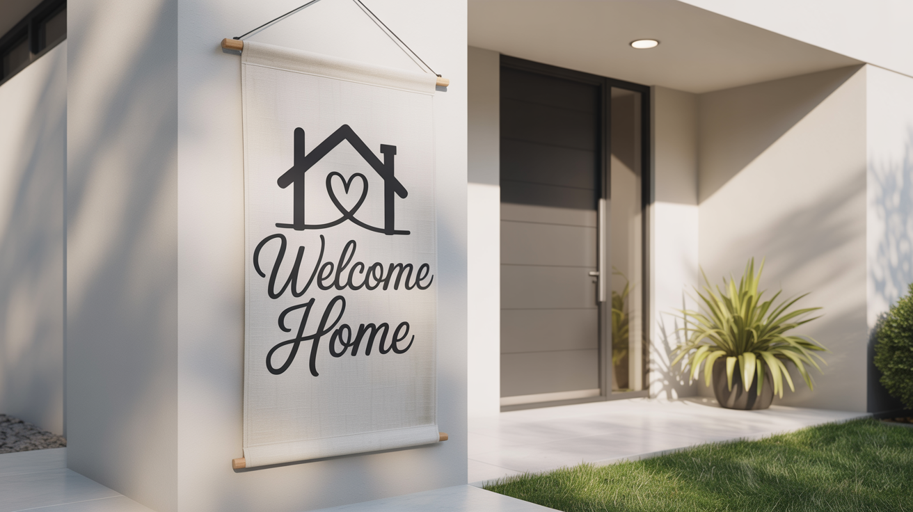 A vertical house banner mockup hanging on a modern house wall, featuring the text 'Welcome Home' and a simple house illustration.