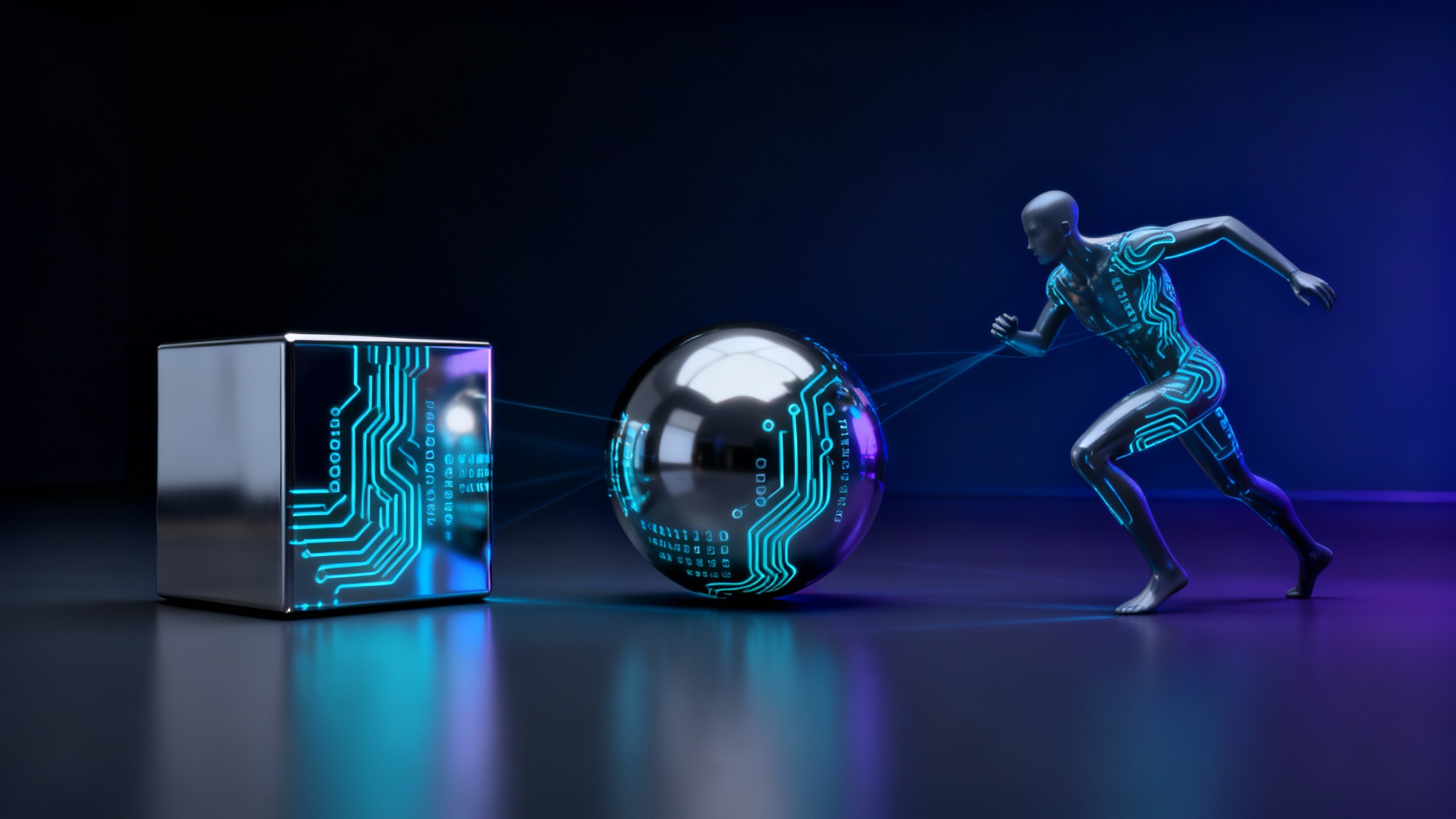 A 16:9 digital artwork depicting a futuristic morphing sequence, where a cube with glowing circuits transforms into a sphere and then into a detailed humanoid figure against a dark, cosmic background.